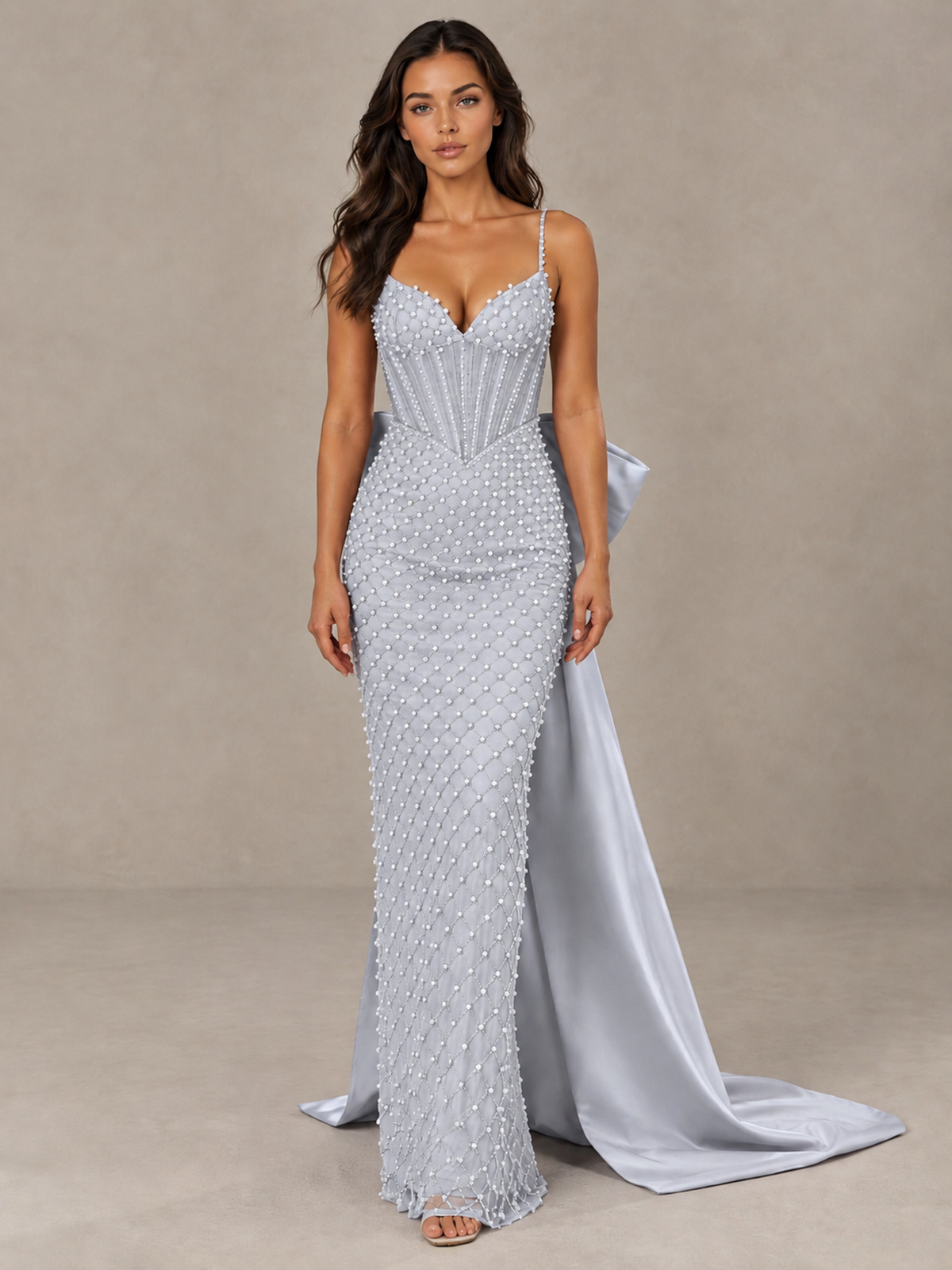 BOLODOO Silver Beaded Corset Prom Dress with Bow Train - Silver - Silver_1