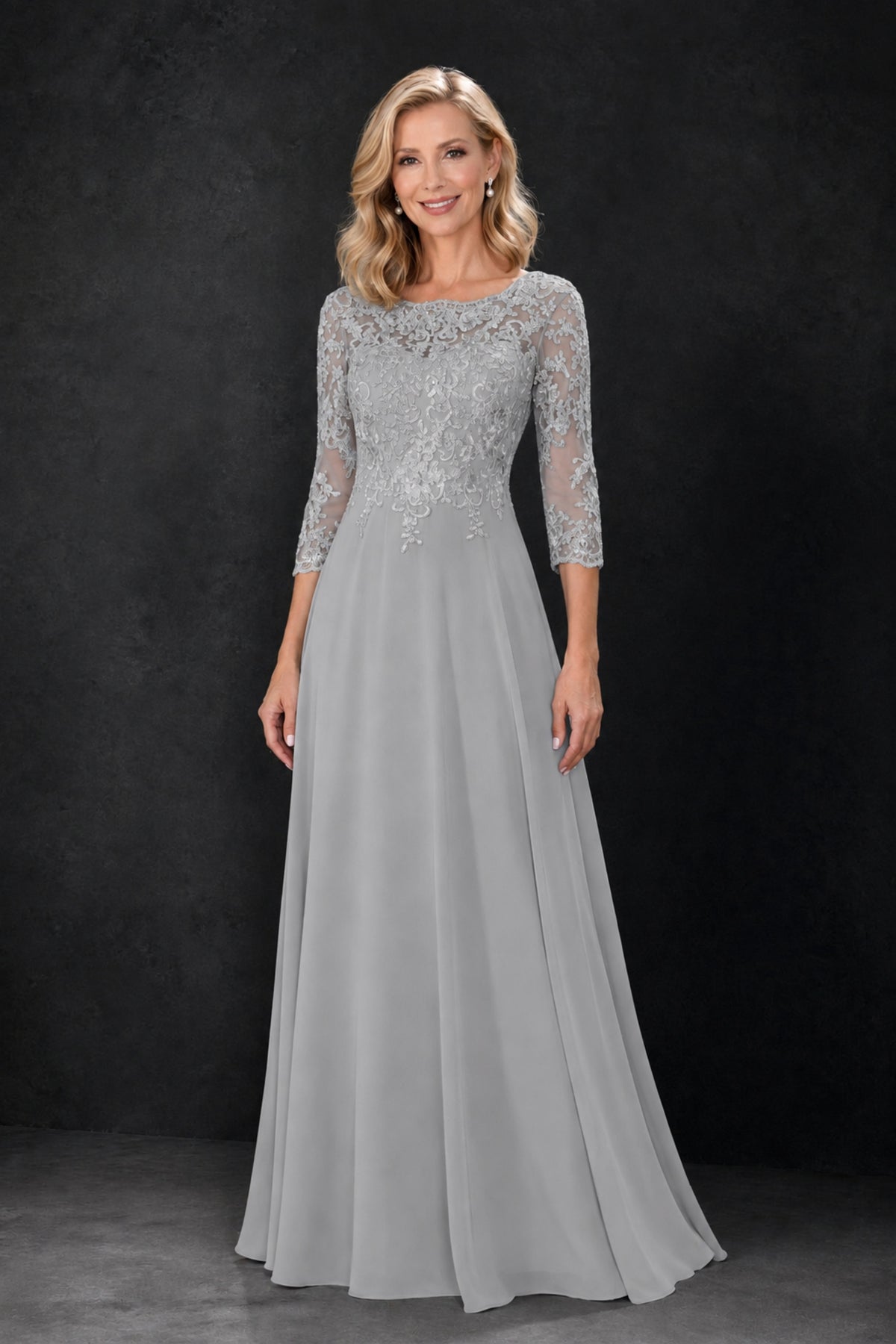 BOLODOO Silver Lace Embroidered Mother of the Bride Dress with 3/4 Sleeves - Silver