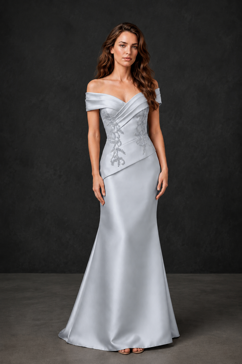 BOLODOO Silver Satin Off-Shoulder Sweetheart Asymmetric Peplum Mermaid Gown with Silver Floral Embroidery | MOB Evening Dress - Silver