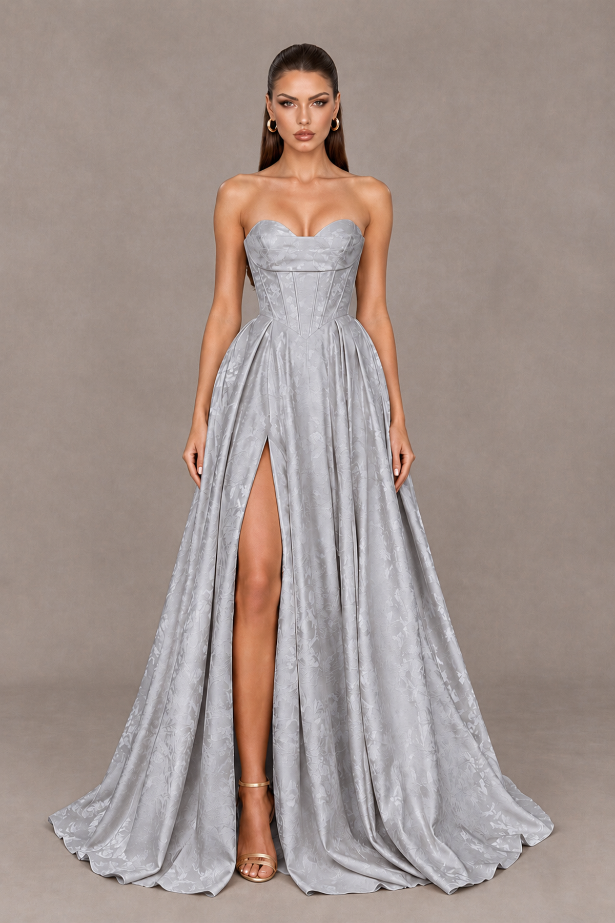 BOLODOO Silver Strapless Sweetheart Corset Prom Dress with High Slit – Lace-Up Back A-Line Evening Gown - Silver - Silver_1
