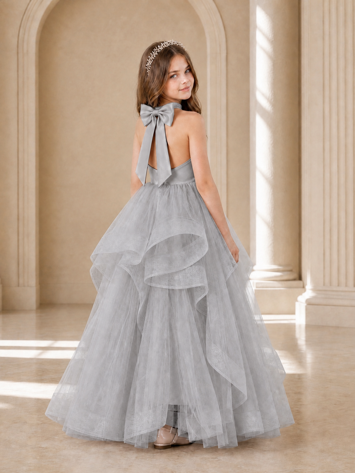 BOLODOO Silver Halter Tiered Tulle Flower Girl Dress with Bow Back - Silver - Silver_1