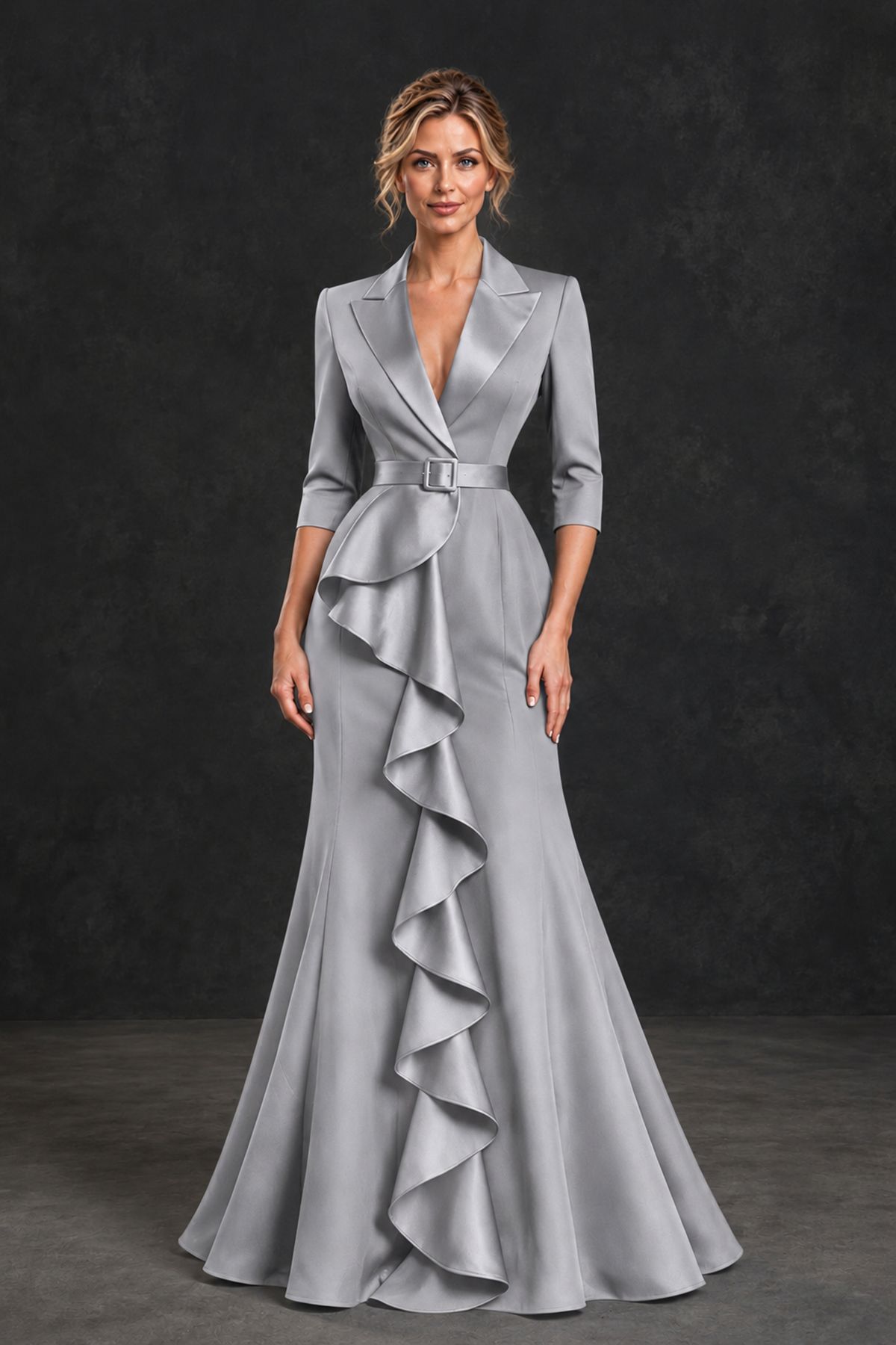 BOLODOO Silver Lapel Ruffle Mother of the Bride Dress with Belt - Silver - Silver_1