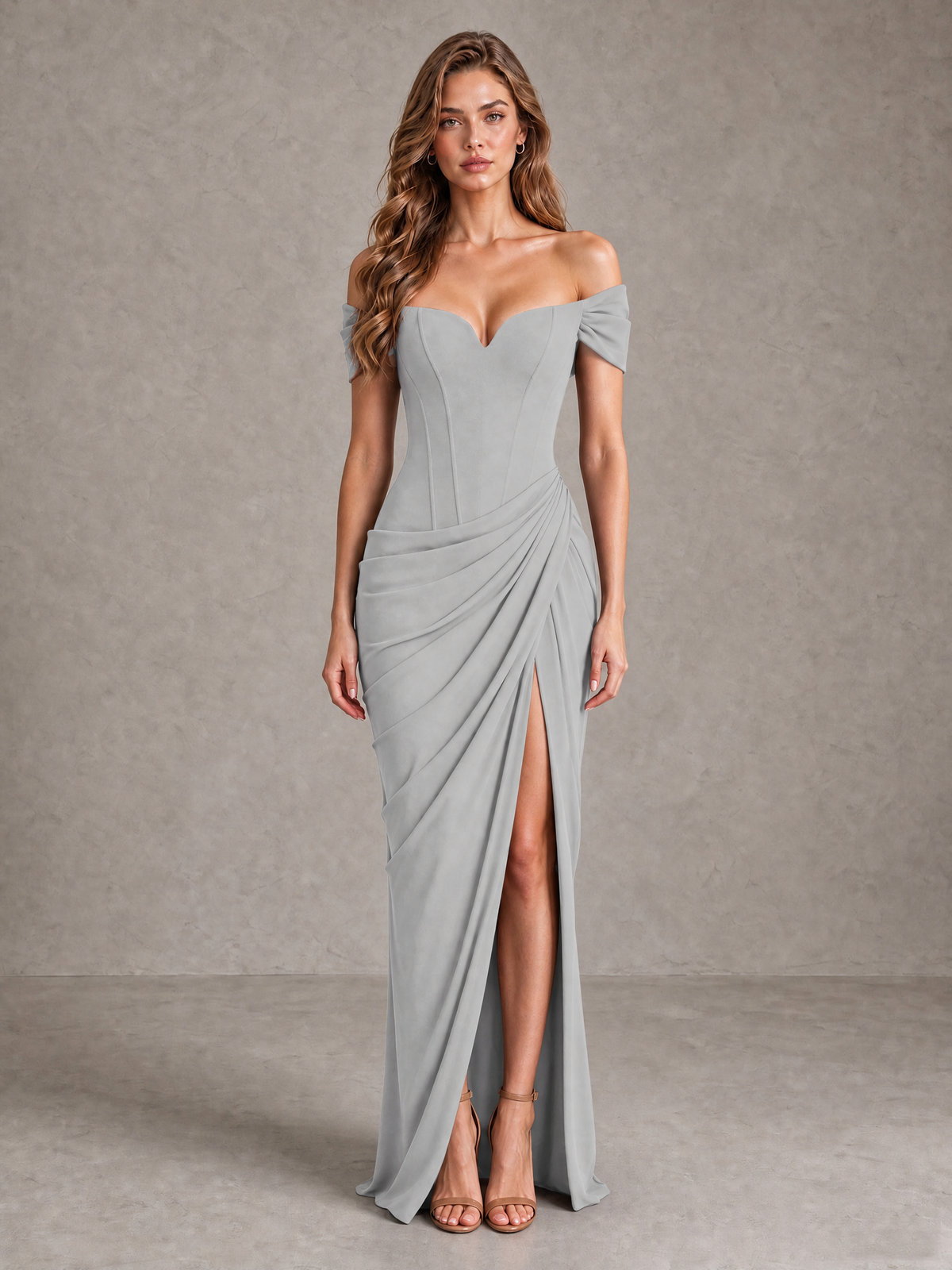 BOLODOO Silver Off-Shoulder Ruched Corset Wedding Guest Dress with Slit - Silver - Silver_1
