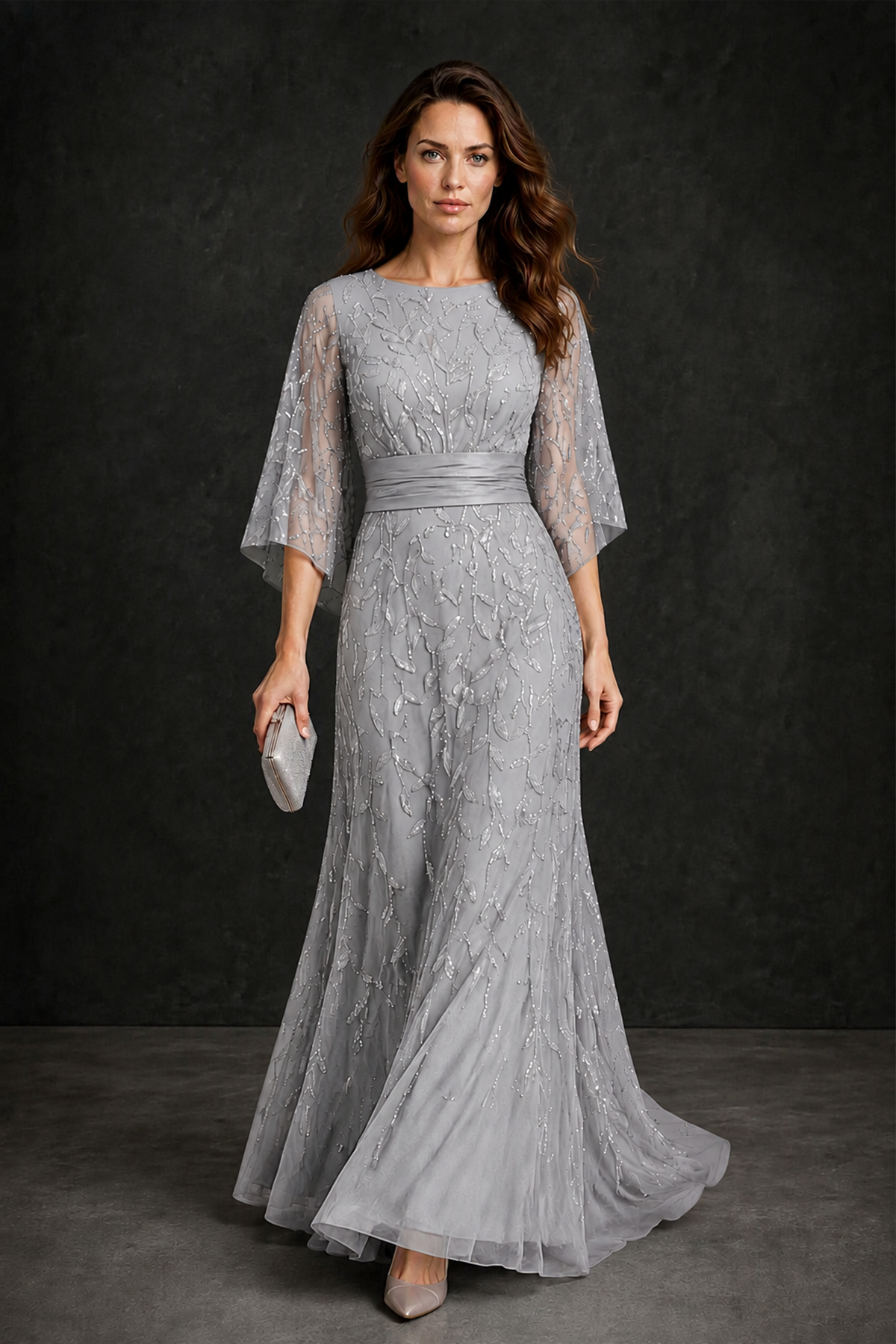 BOLODOO Silver Bateau Neck Bell Sleeve Sequin Embroidered Satin Waist A-Line Maxi Dress - Silver - Silver_1