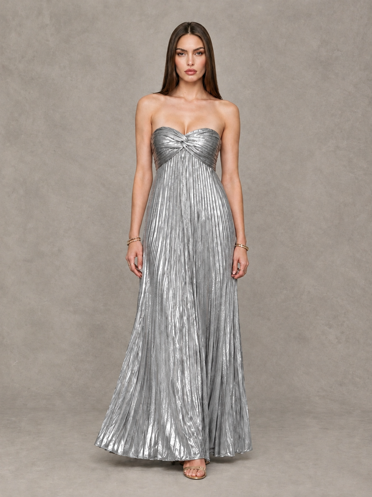 BOLODOO Silver Strapless Sweetheart Metallic Pleated Maxi Dress - Silver - Silver_1