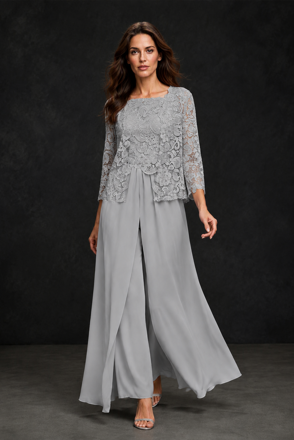 BOLODOO Silver Grey Lace Peplum Top & Wide-Leg Chiffon Pants Set | Mother of the Bride & Formal Evening Outfit - Silver - Silver