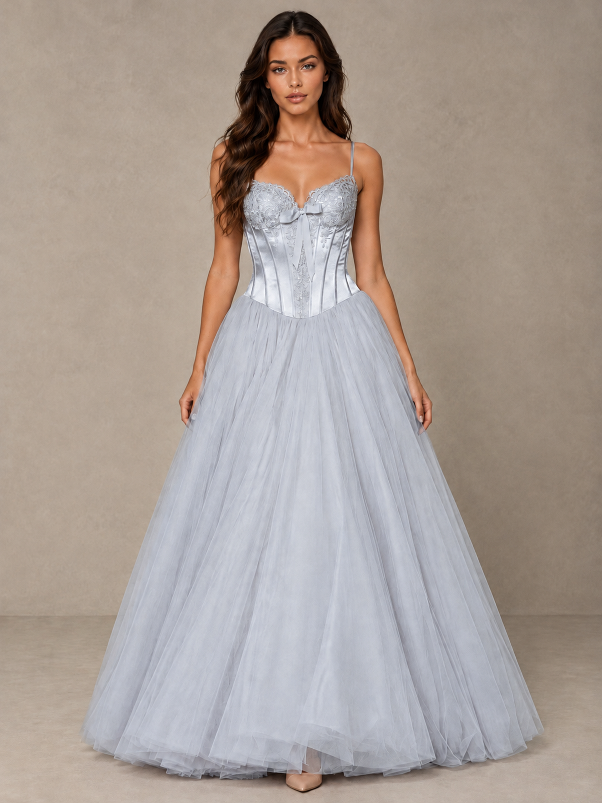 BOLODOO Silver Corset Tulle Prom Dress with Spaghetti Straps - Silver - Silver_1