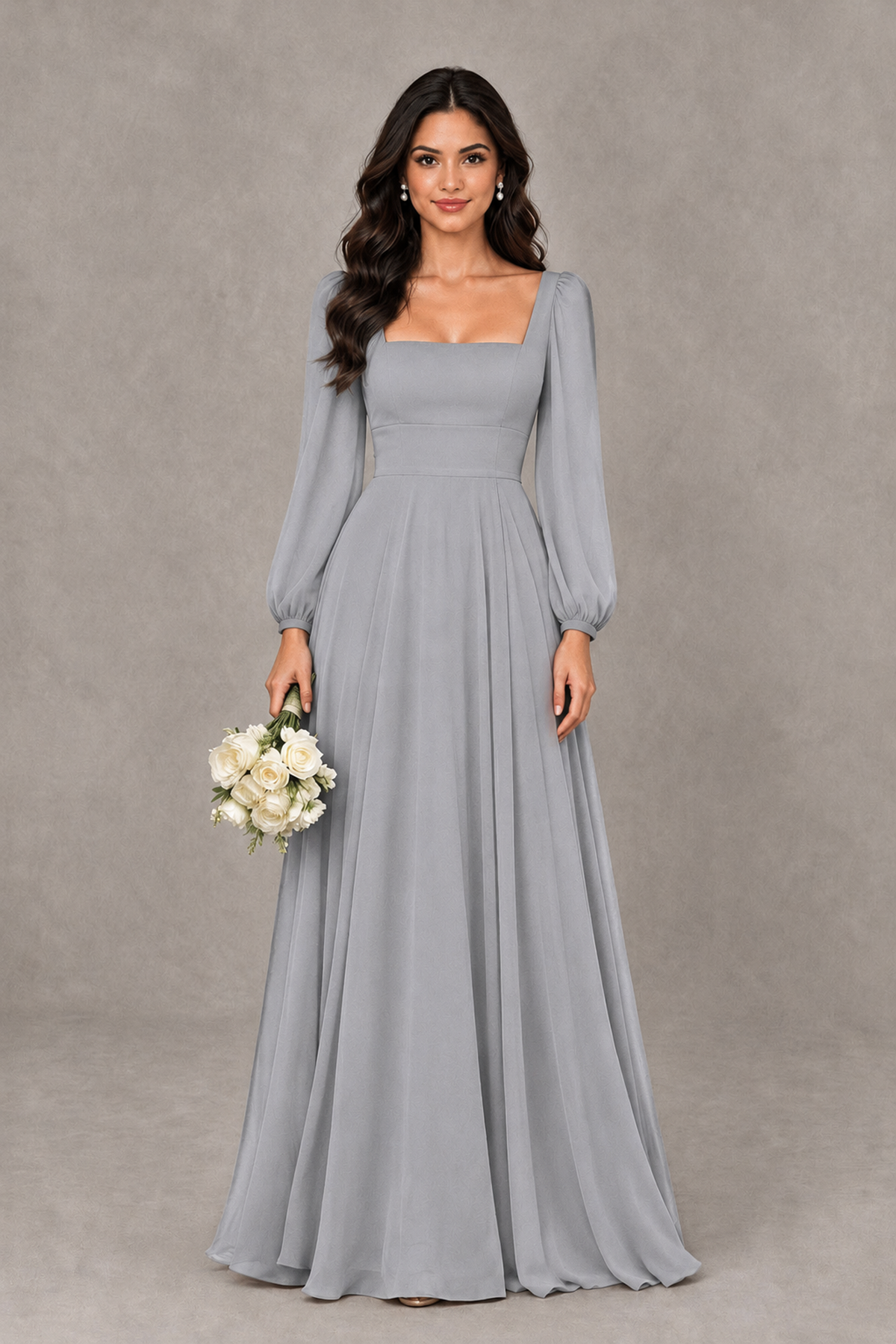 BOLODOO Silver Square Neck Long Sleeve A-Line Bridesmaid Dress - Silver - Silver_1