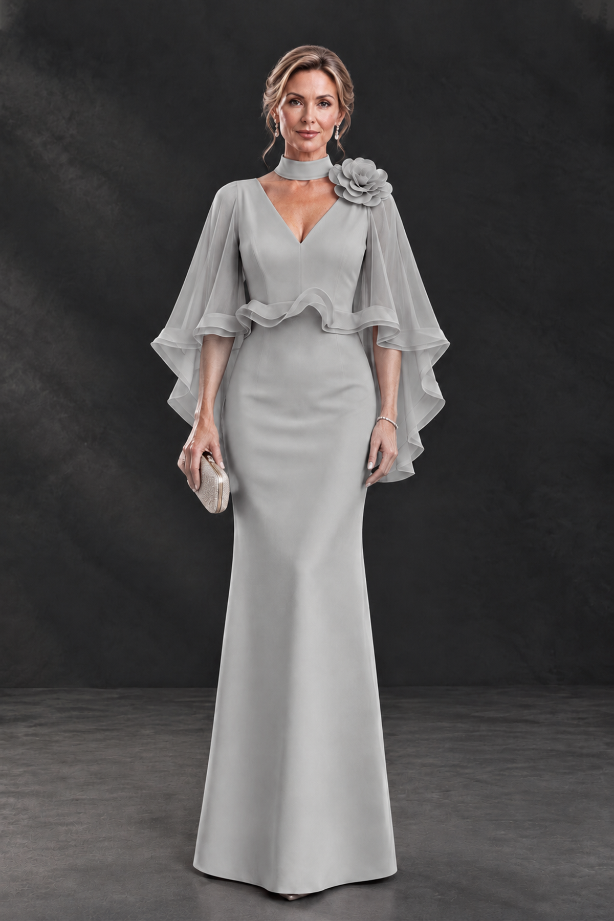 BOLODOO Silver Floral Cape Sleeve Mother of the Bride Dress - Silver - Silver_1