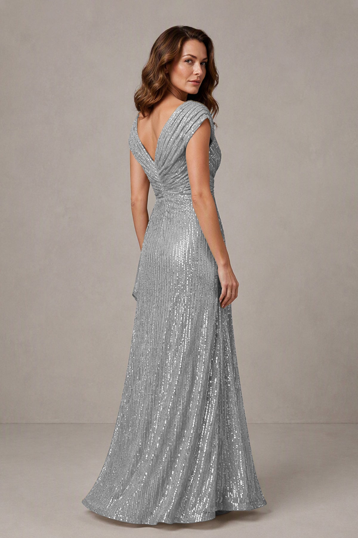 BOLODOO Silver Sequin V-Neck Cap Sleeve Maxi Dress - Silver