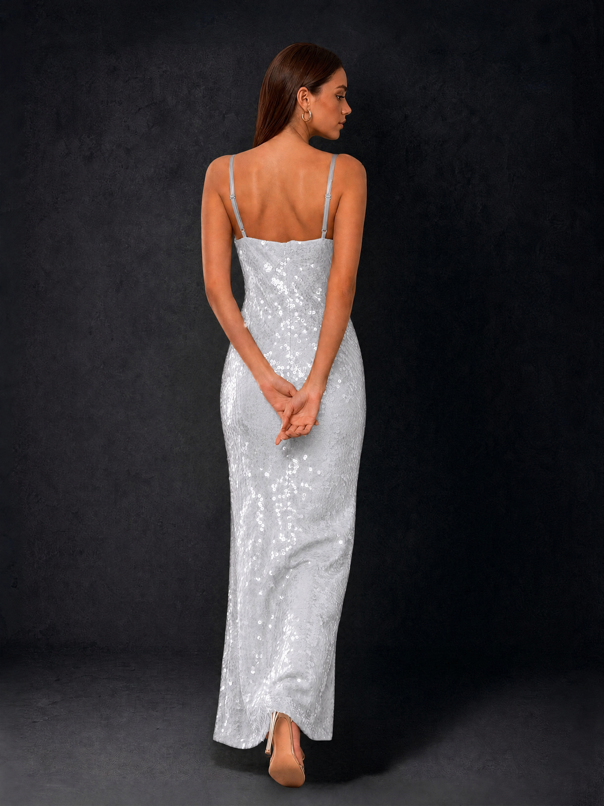BOLODOO Bronze Sequin Cowl Neck Spaghetti Strap Mermaid Maxi Dress with Open Criss-Cross Back - Silver - Silver