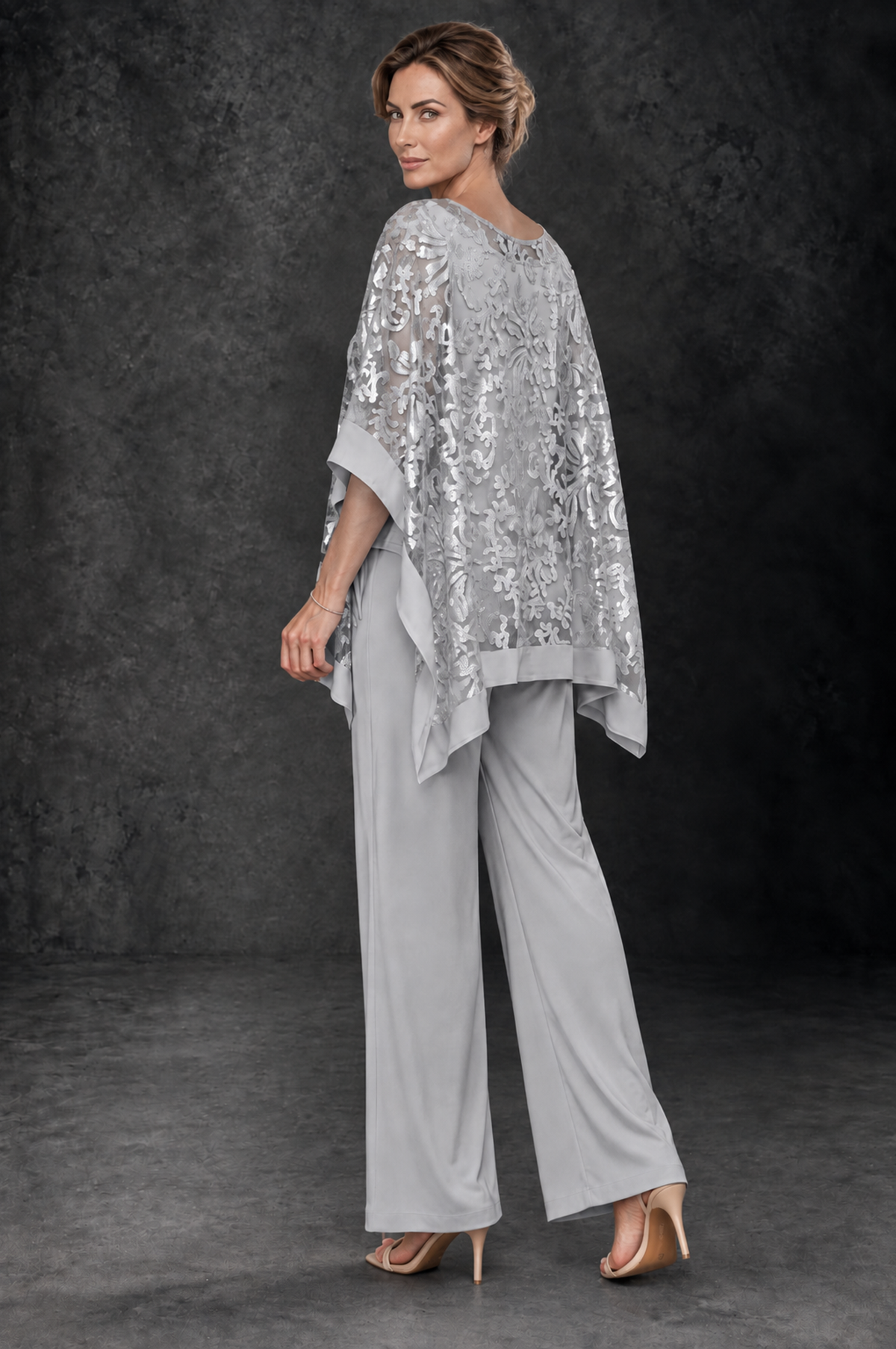 BOLODOO Silver Floral Cape Mother of the Bride Pant Suit - Silver - Silver_2