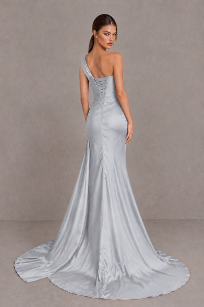 BOLODOO Silver One Shoulder Satin Mermaid Evening Dress with Ruched Slit Skirt - Silver - Silver_2