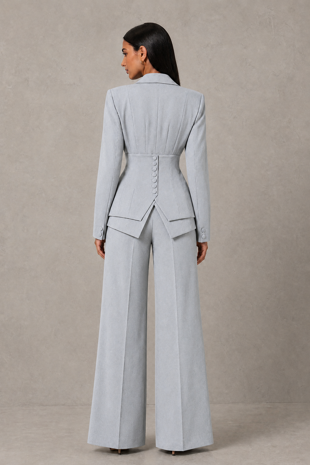 BOLODOO Silver Cinched Waist Blazer and Wide Leg Pants Two Piece Suit Set - Silver