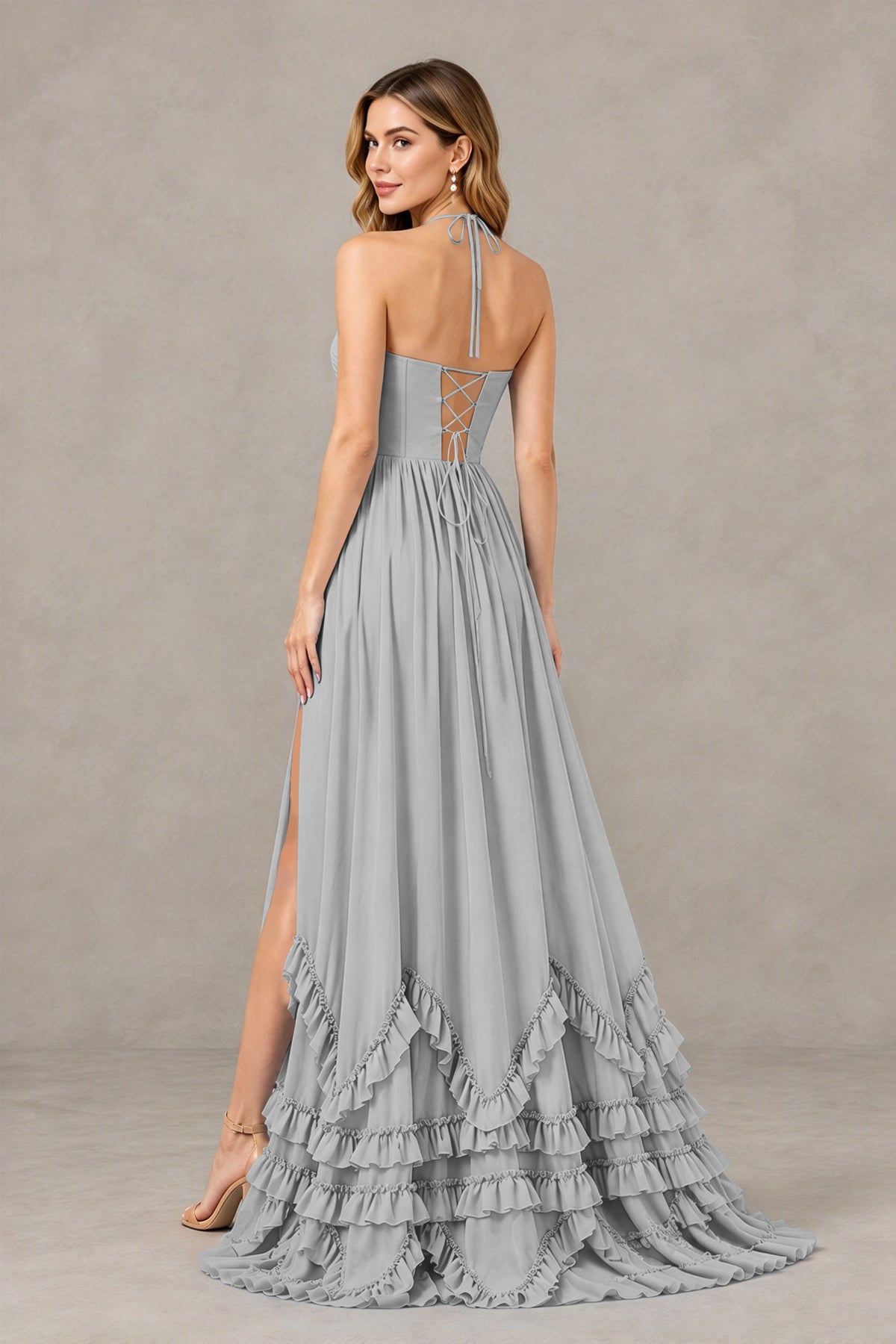 BOLODOO Silver Halter Ruffle Hem A-Line Bridesmaid Dress with High Slit - Silver - Silver(2)