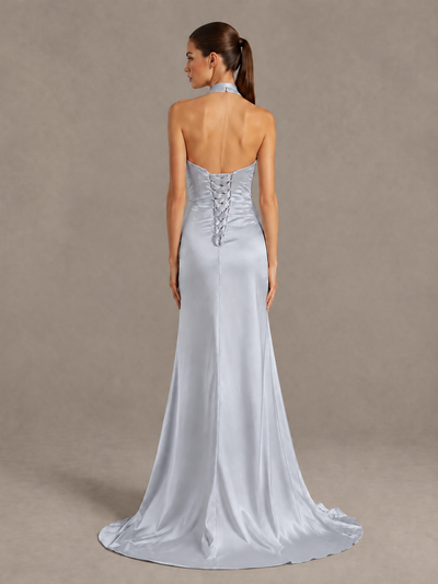 BOLODOO Silver Halter Satin Evening & Prom Dress with High Slit - Silver - Silver_2