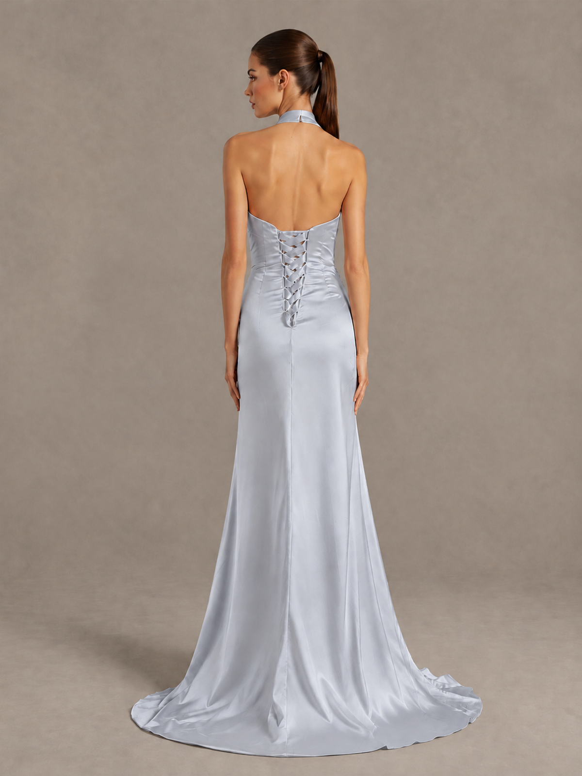 BOLODOO Silver Halter Satin Evening & Prom Dress with High Slit - Silver - Silver_2