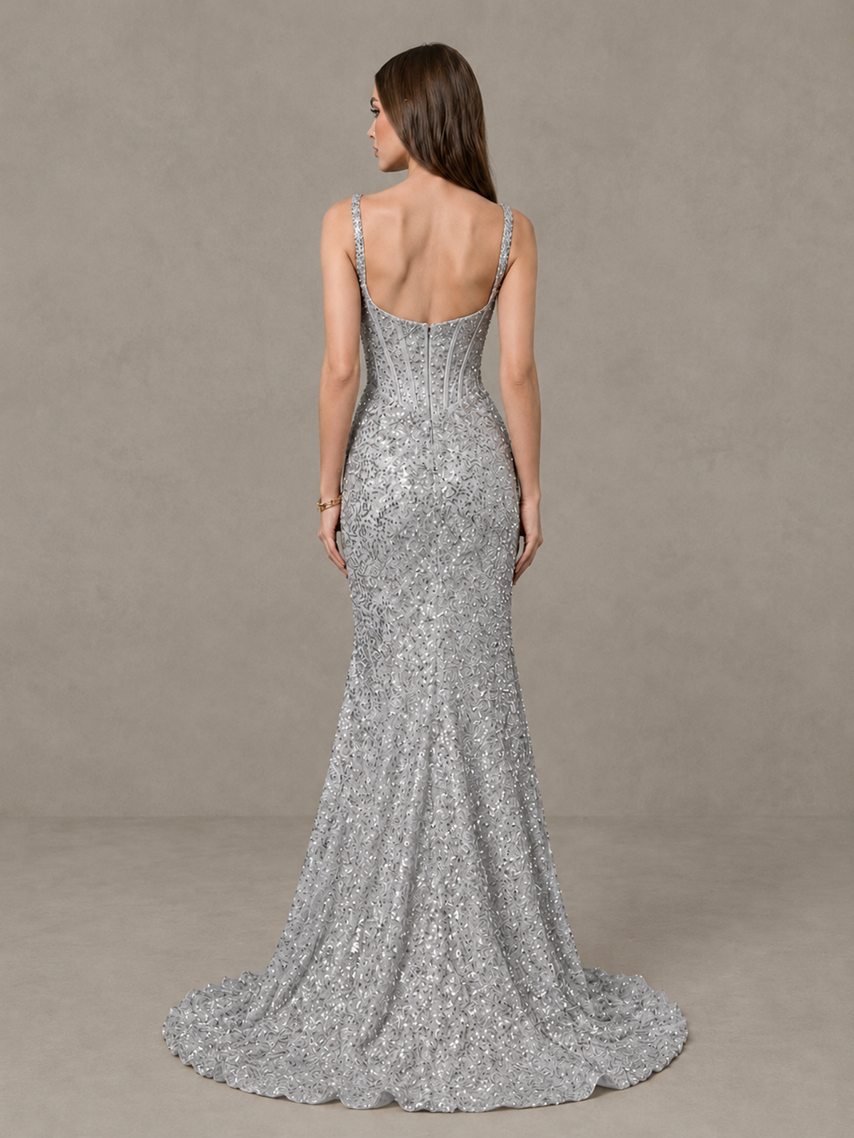 BOLODOO Silver Sequin Corset Evening Gown with High Slit - Silver - Silver_2