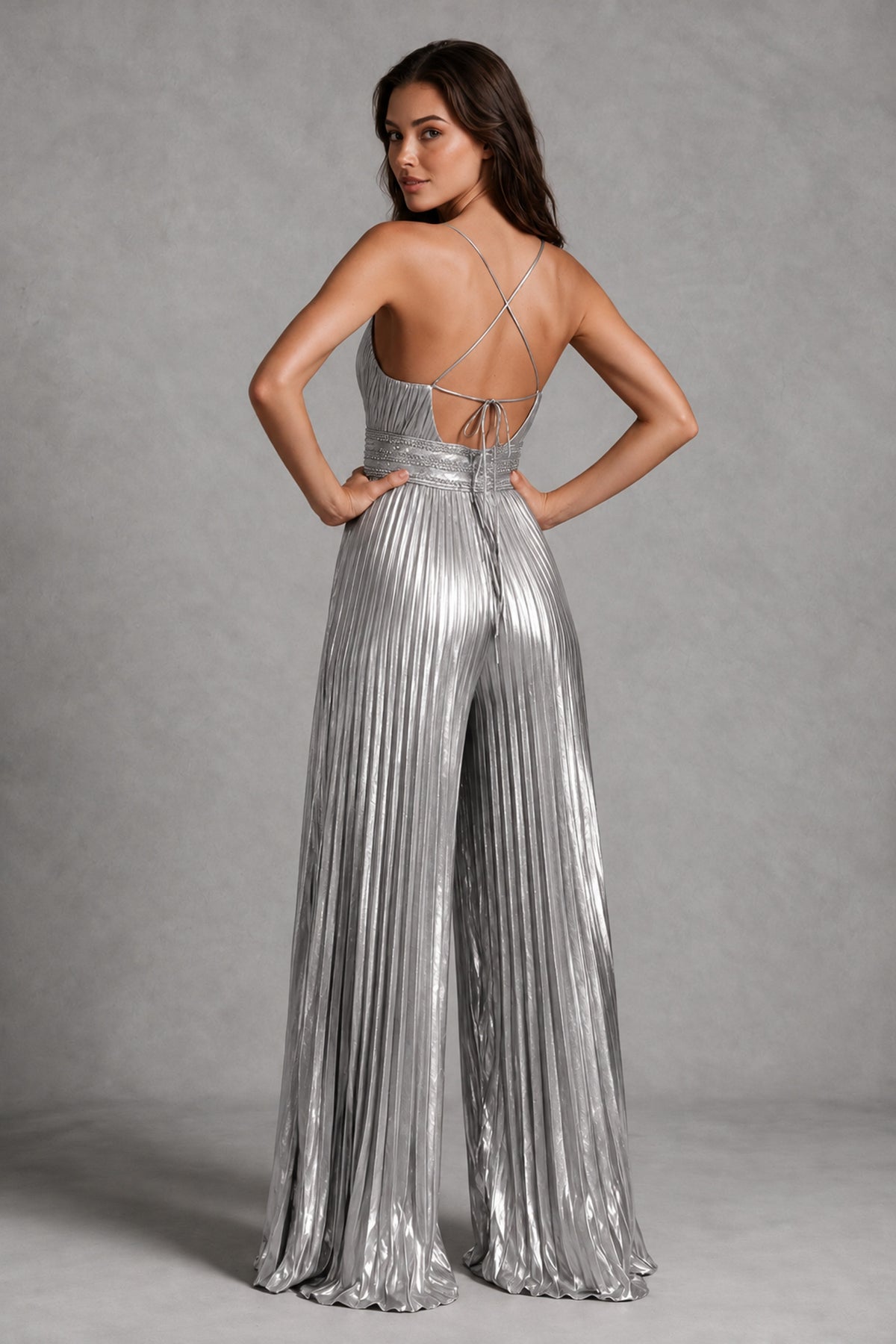 BOLODOO Silver Pleated Wide-Leg Jumpsuit with Open Back - Silver