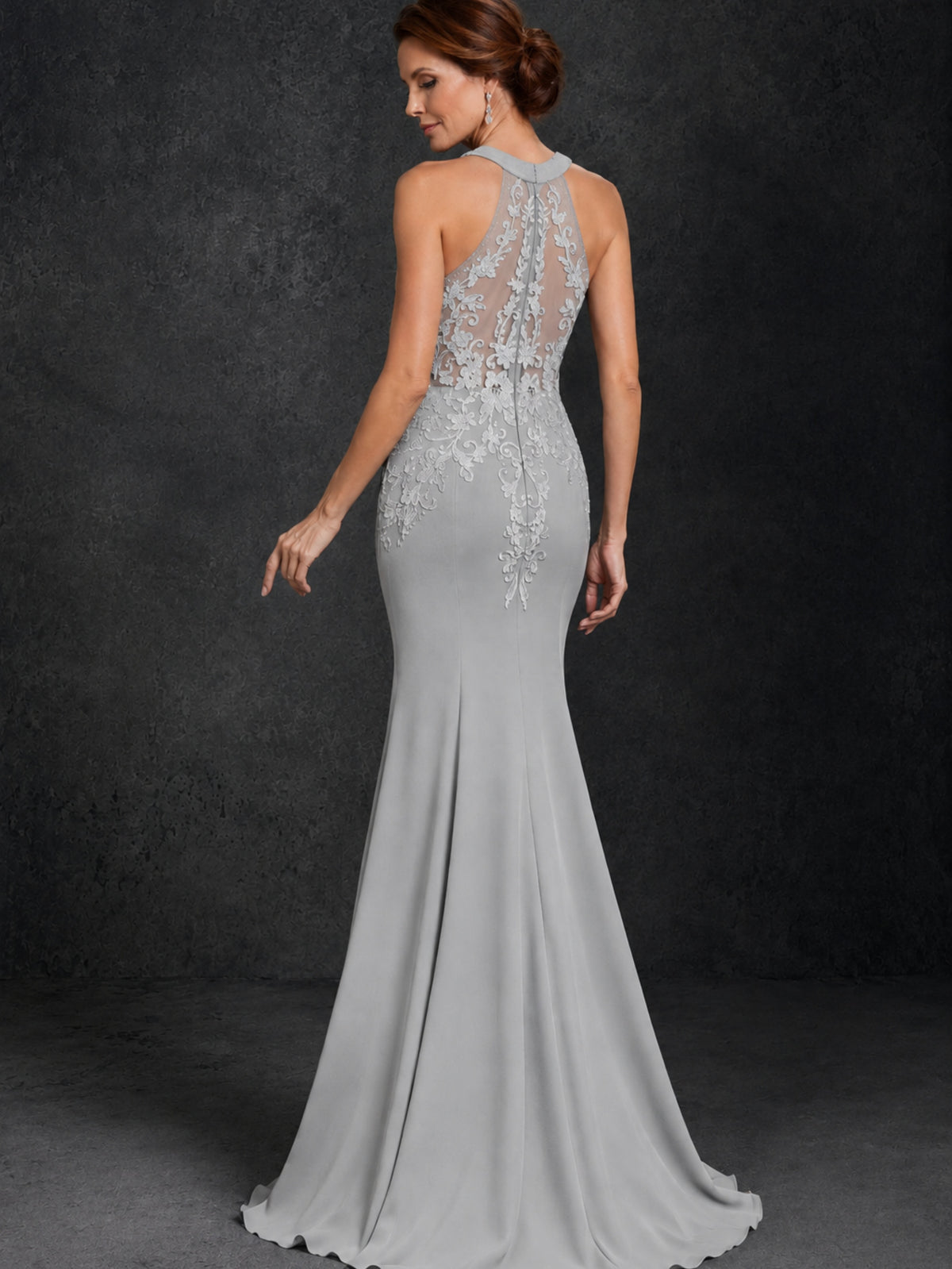 BOLODOO Silver Lace Applique Halter Neck Sheer Back Mermaid Maxi Dress with Sweep Train - Silver