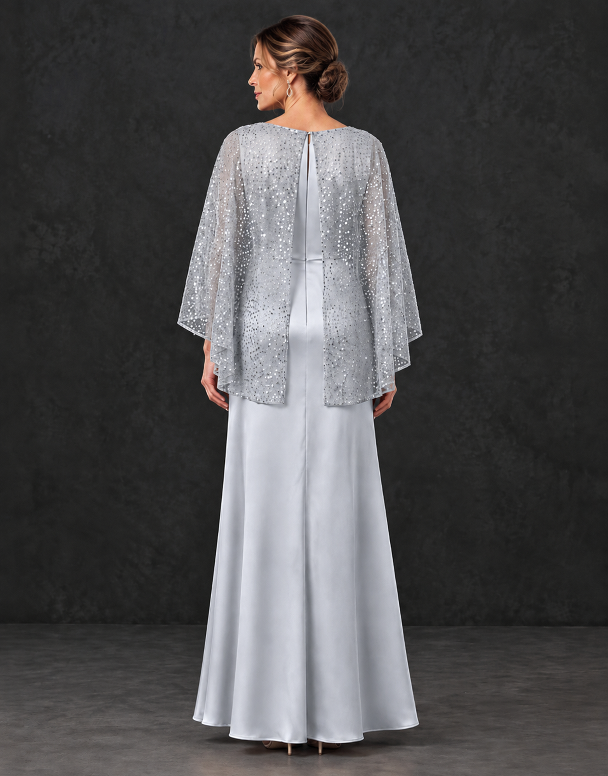 BOLODOO Silver Sparkle Cape Sleeve Mother of the Bride Dress - Silver - Silver_2