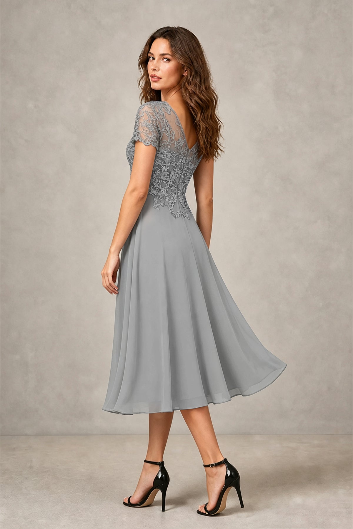 BOLODOO Steel Silver Beaded Lace Illusion Bodice Chiffon Tea-Length Dress | Mother of the Bride & Cocktail Party - Silver