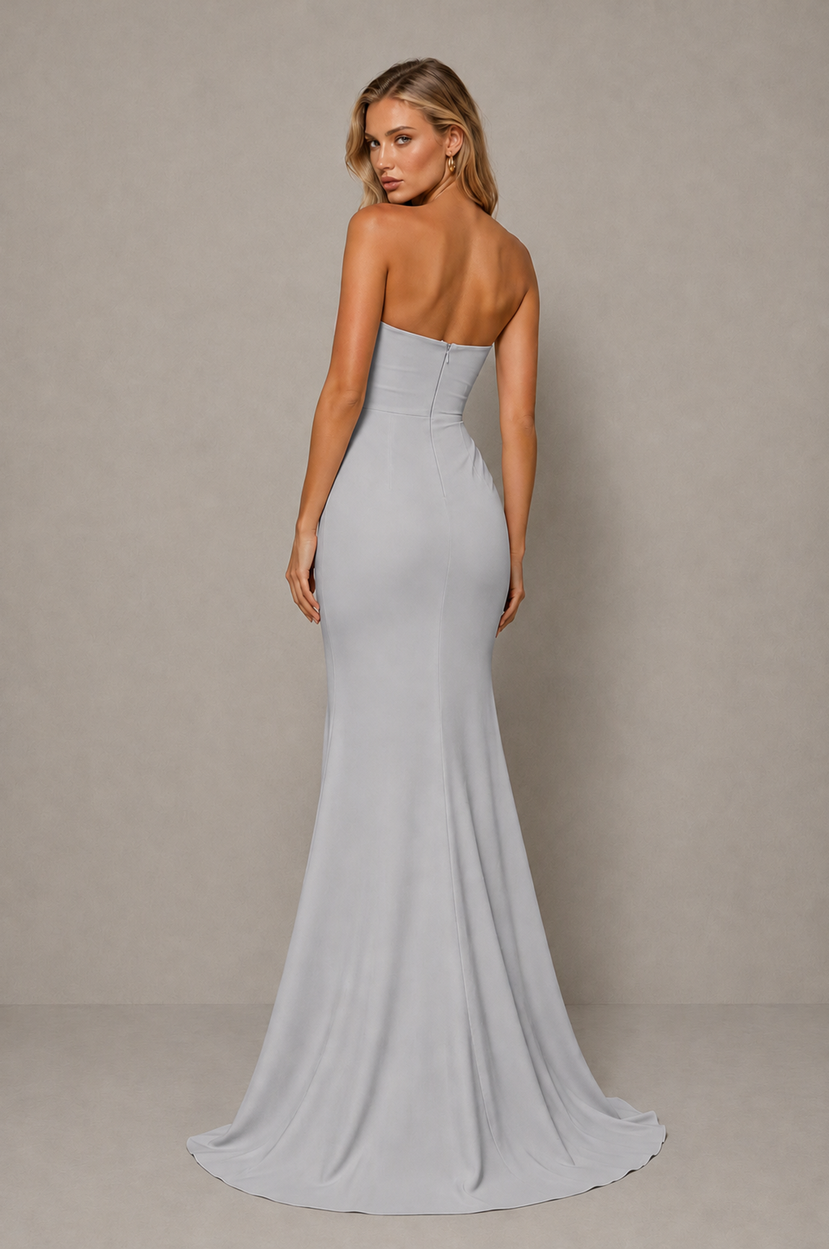 BOLODOO Silver Strapless Sweetheart Ruched Mermaid Gown | Cascade Drape Formal Evening Dress - Silver - Silver_2