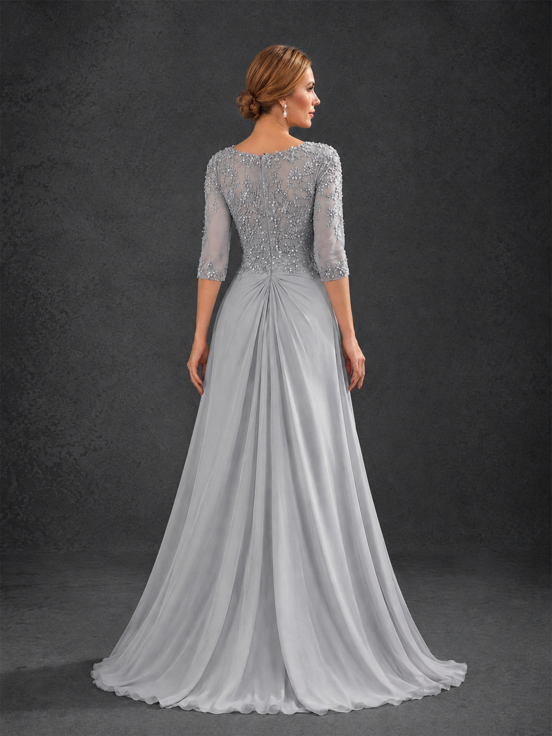 BOLODOO Silver Sweetheart Neck 3/4 Sleeve Floral Lace Illusion Bodice Chiffon A-Line Gown - Silver