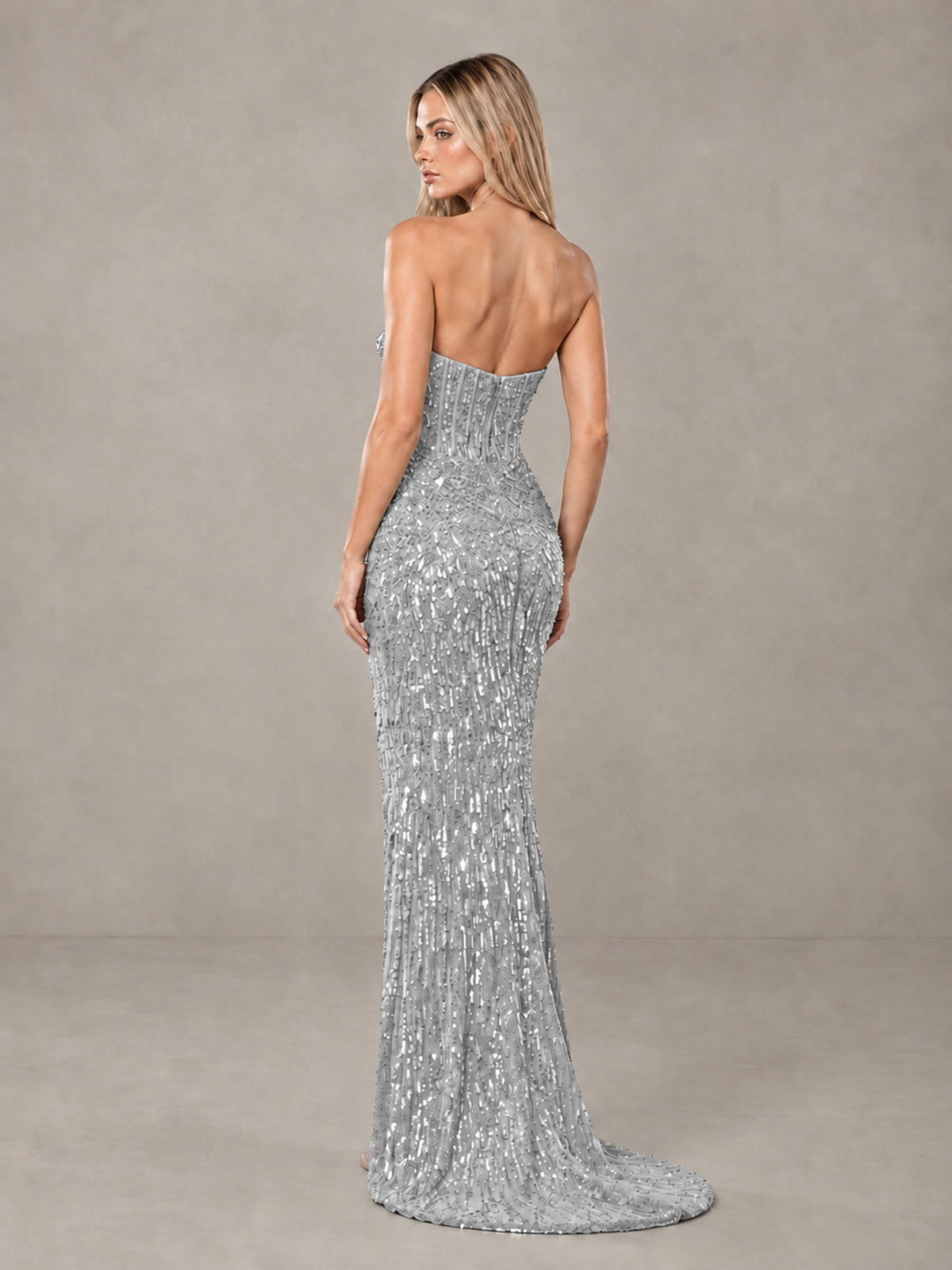 BOLODOO Silver Strapless Sequin Corset Prom Dress with High Slit - Silver - Silver_2