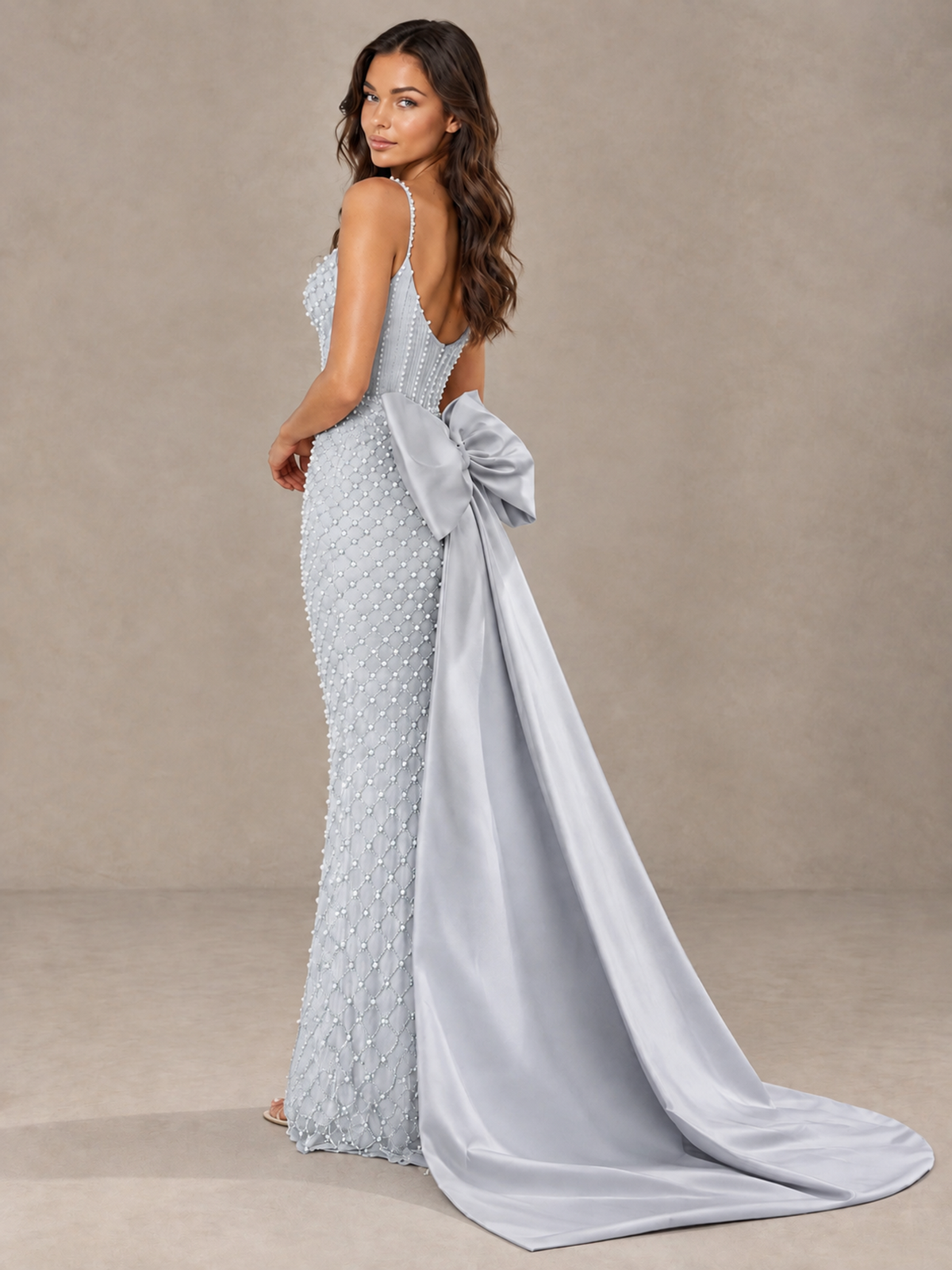 BOLODOO Silver Beaded Corset Prom Dress with Bow Train - Silver - Silver_2
