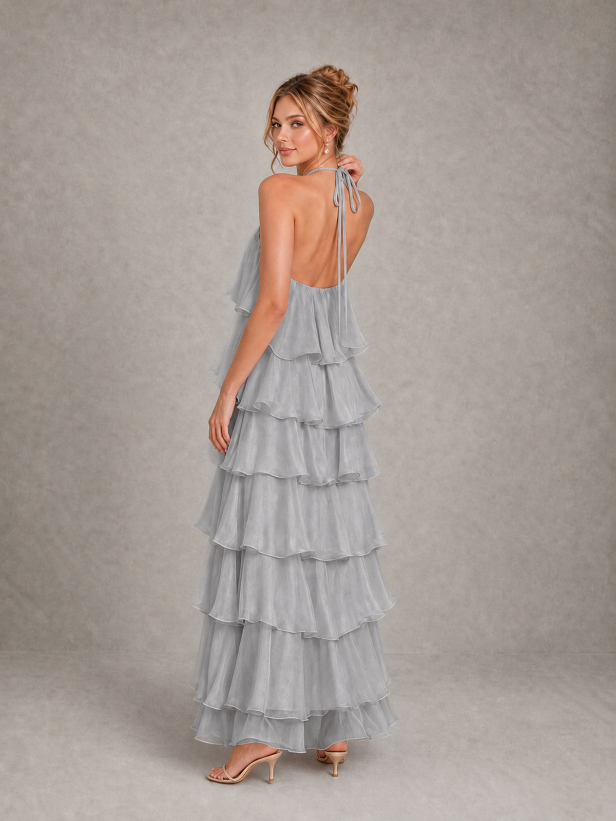 BOLODOO Silver Halter Tiered Ruffle Maxi Bridesmaid Dress - Silver - Silver_2