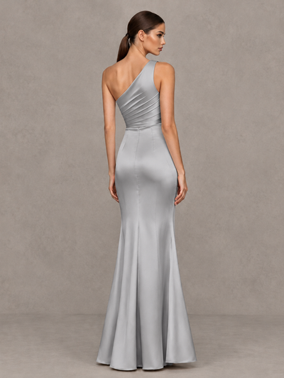 BOLODOO Silver One-Shoulder Ruched Satin-Look Evening Gown with High Slit - Silver - Silver_2