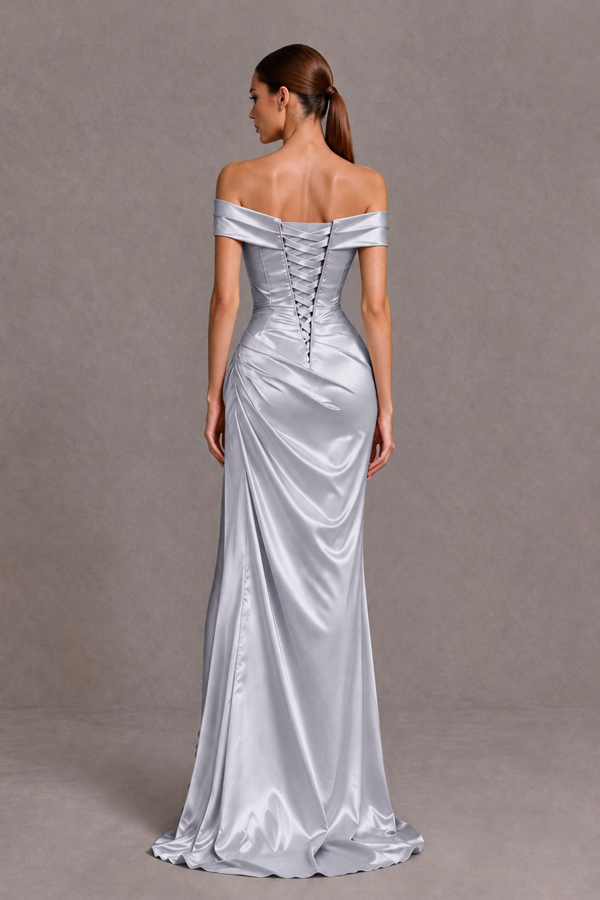 BOLODOO Silver Off-the-Shoulder Ruched Satin Prom & Evening Dress with High Slit - Silver - Silver_2