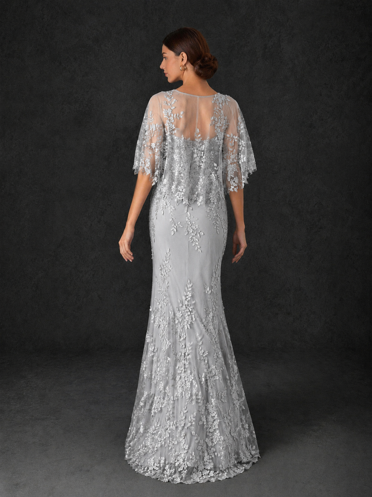 BOLODOO Mocha Silver Botanical Lace Flutter Sleeve Mermaid Gown - Silver