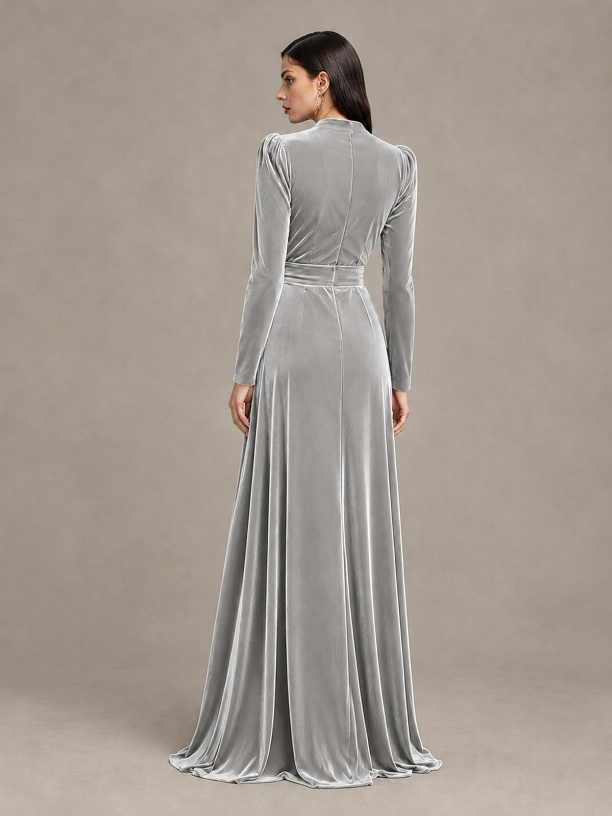 BOLODOO Silver Long Sleeve Velvet-Look Evening Dress with High Slit - Silver - Silver_2