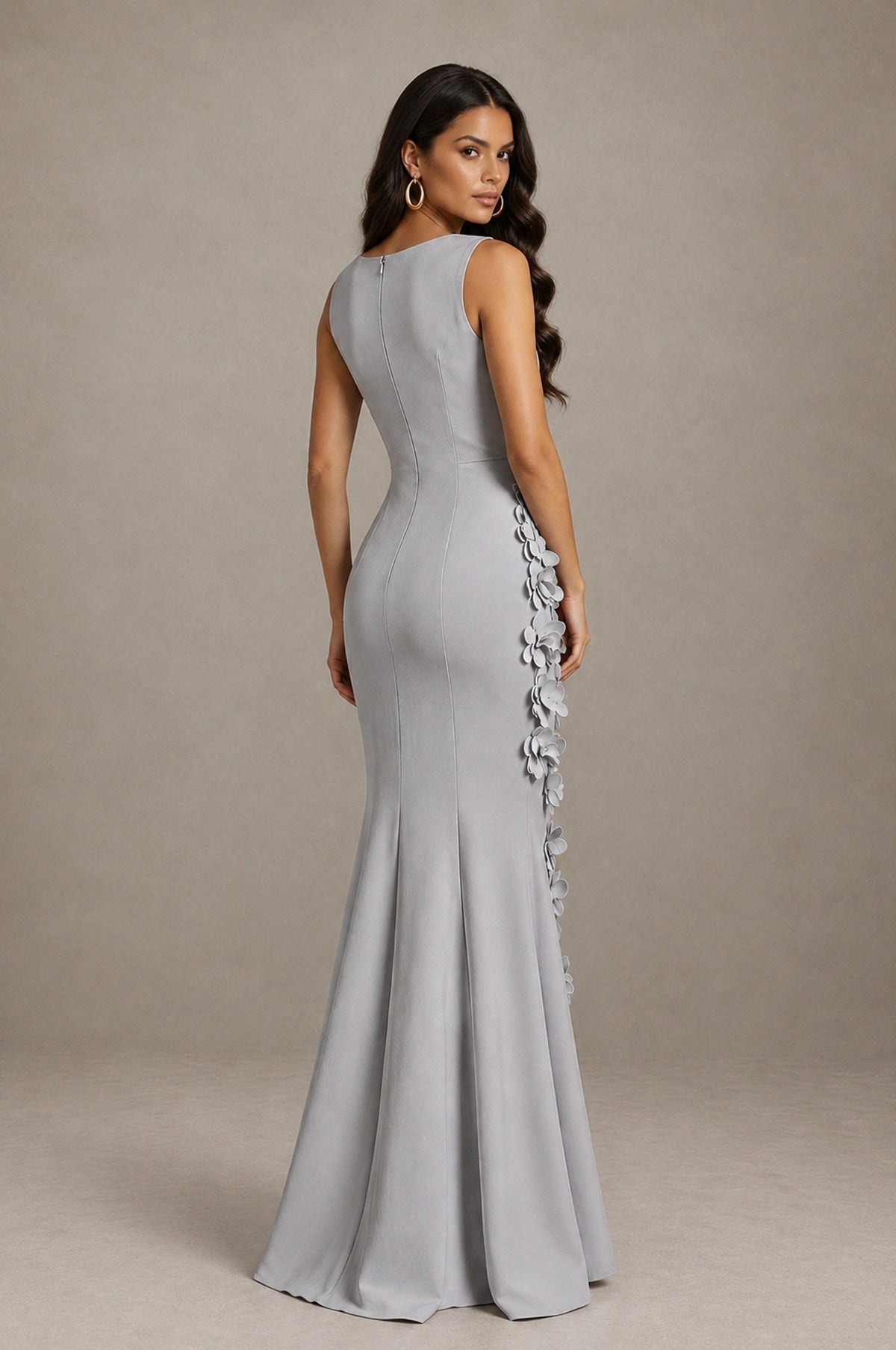 BOLODOO Silver Bateau Neck Sleeveless Asymmetric Peplum 3D Petal Appliqué Mermaid Gown BD0421 - Silver - Silver_2