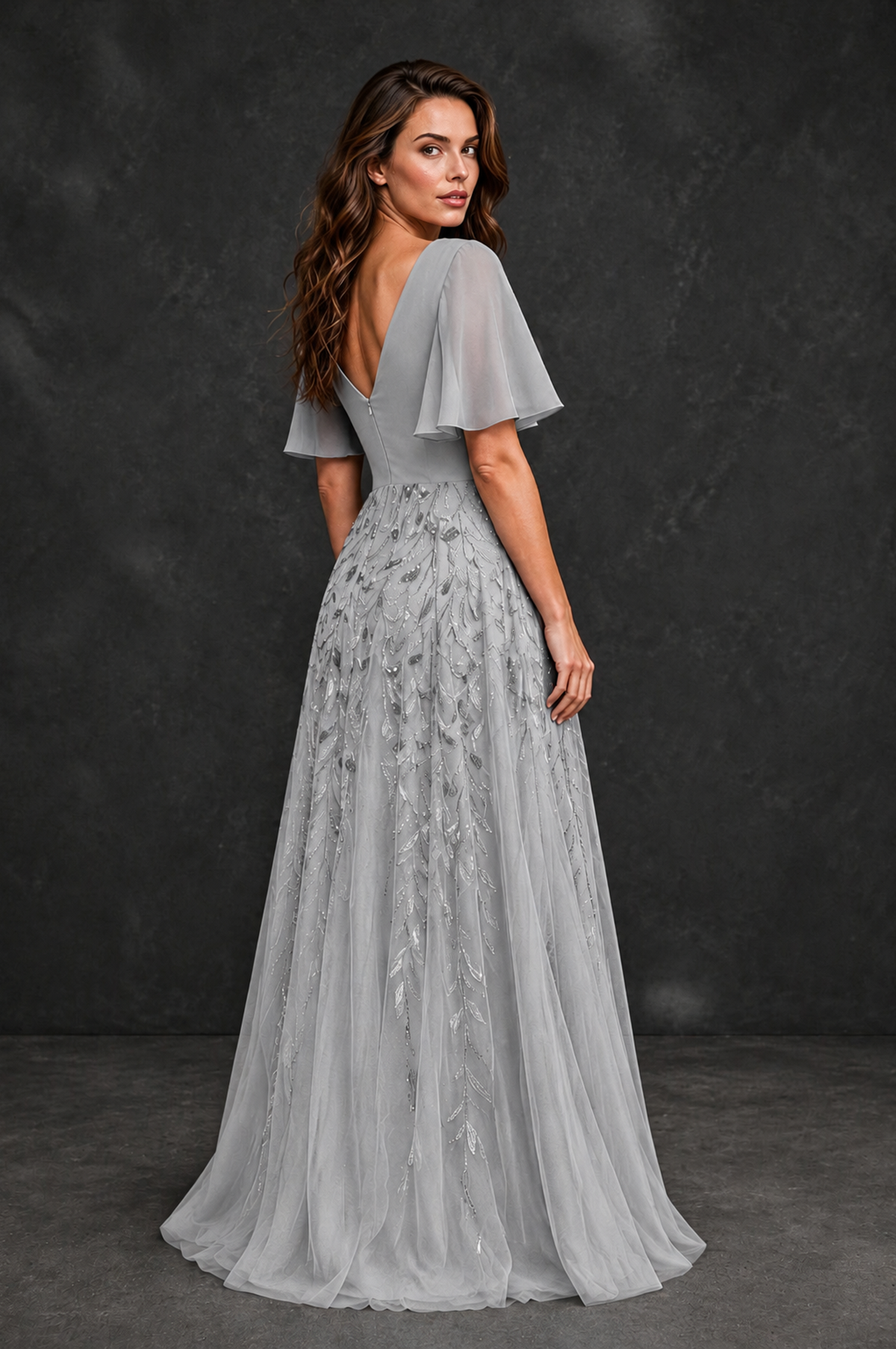 BOLODOO Silver V-Neck Flutter Sleeve Beaded Botanical Tulle A-Line Gown | Mother of the Bride Evening Dress - Silver - Silver_2