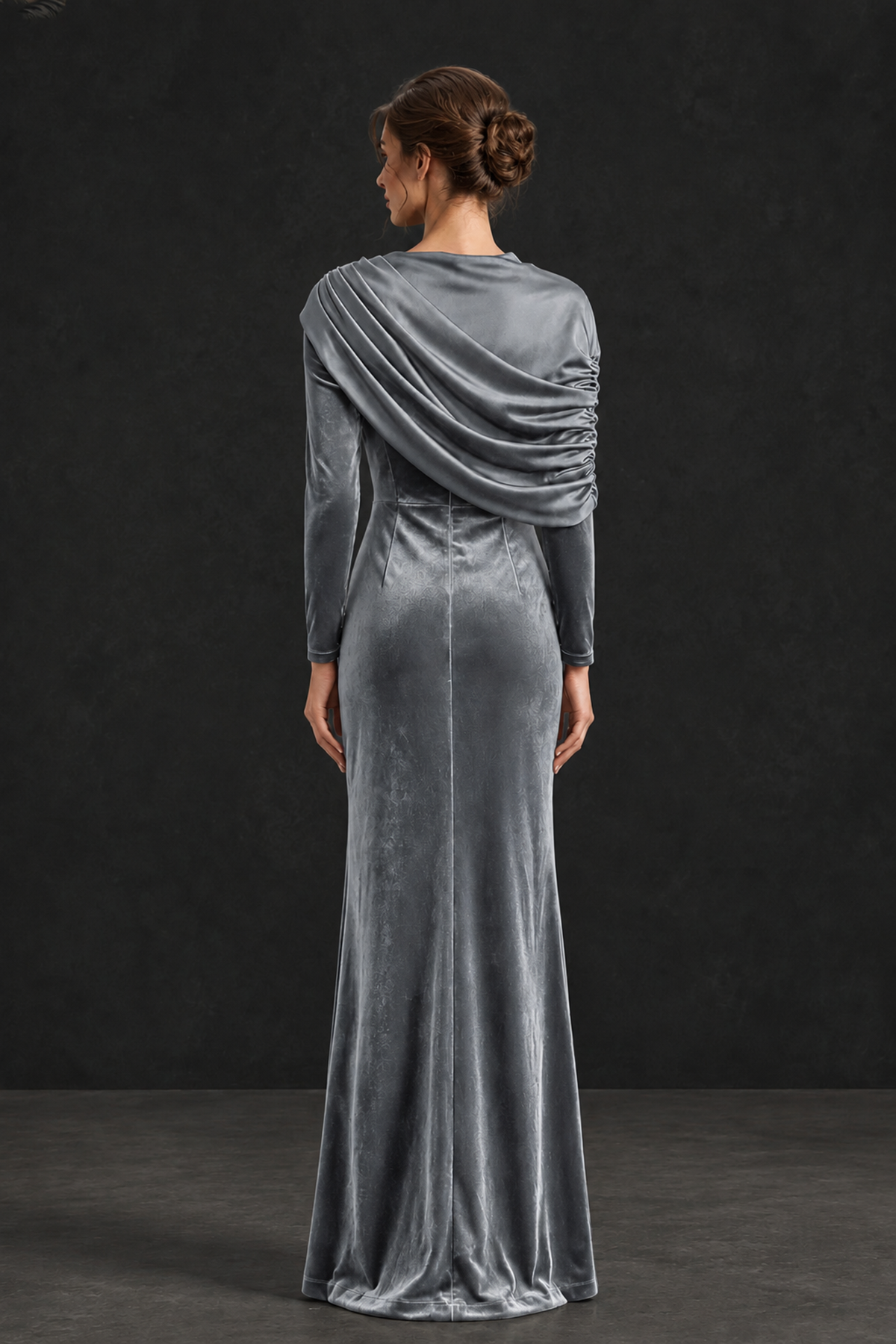 BOLODOO Silver Velvet Long Sleeve Draped Mother of the Bride Dress - Silver - Silver_2