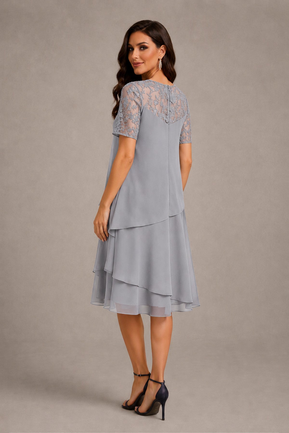 BOLODOO Silver Illusion Lace Short Sleeve Tiered Chiffon Tea Length Dress | Mother of the Bride Midi Dress - Silver