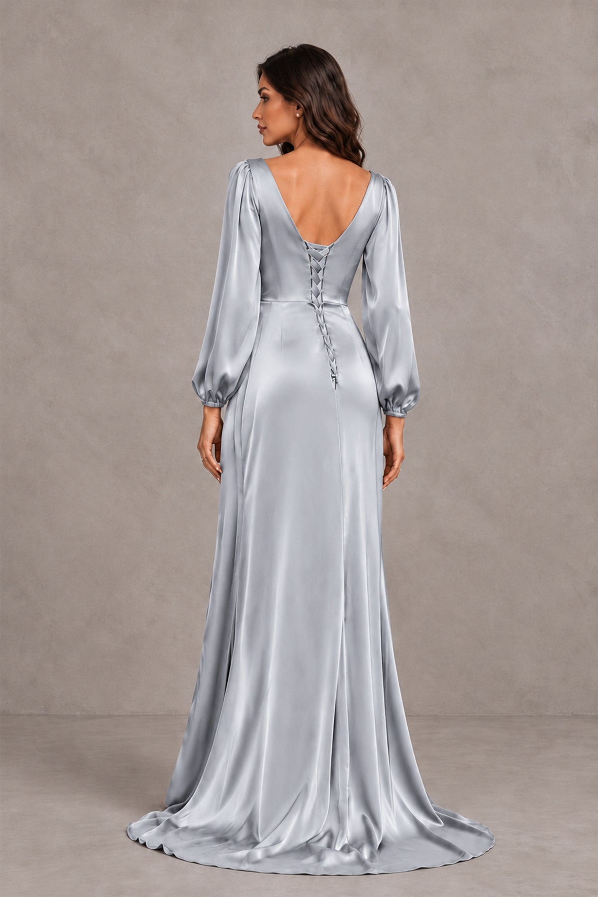 BOLODOO Silver Satin-Look Long Sleeve Evening Dress with High Slit - Silver - Silver_2