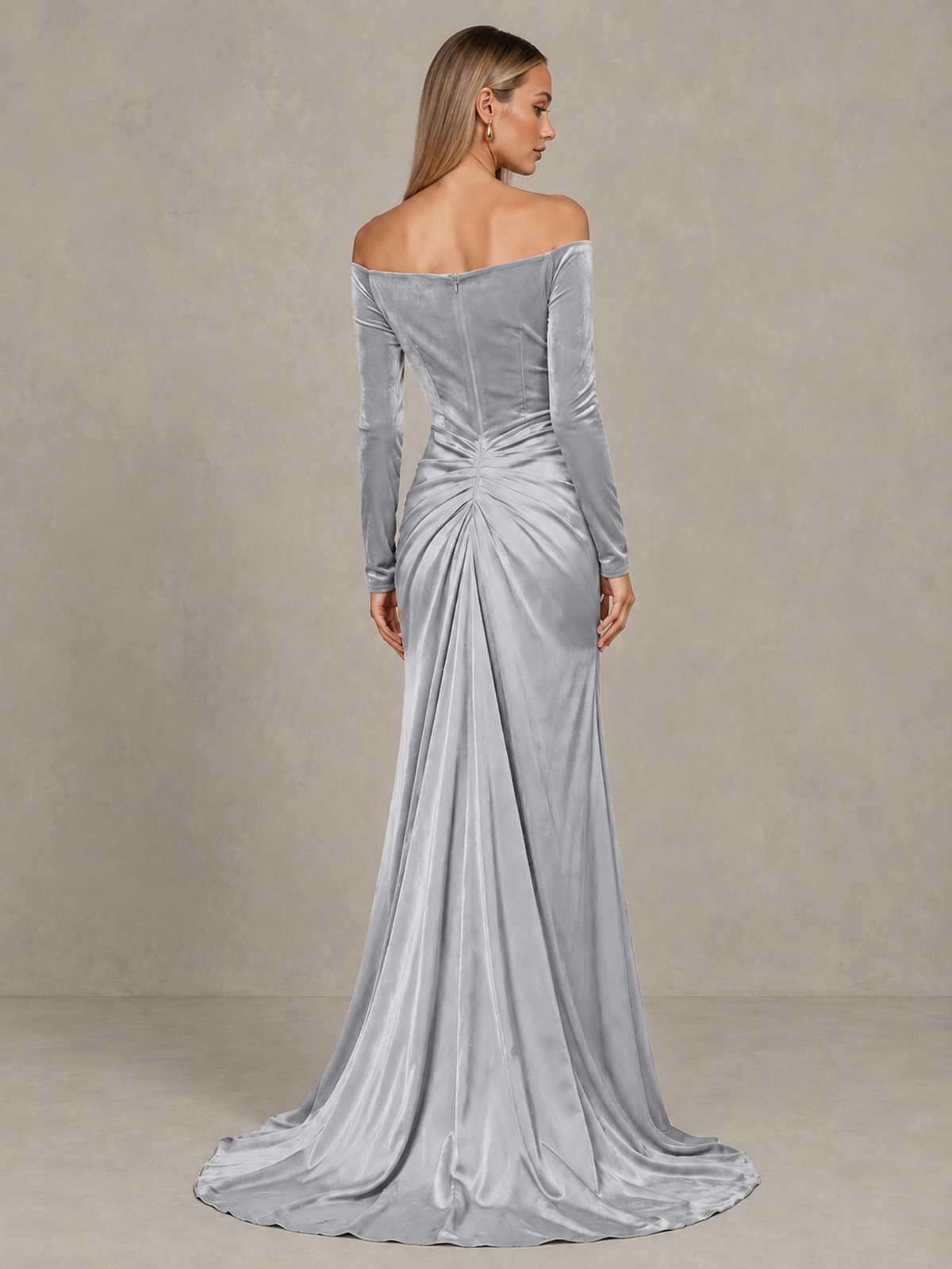 BOLODOO Silver Off-Shoulder Velvet Evening Gown with High Slit - Silver - Silver_2