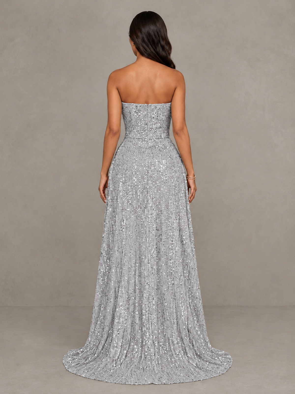 BOLODOO Silver Sequin Strapless Mini Dress with High Low Overskirt - Silver - Silver_2