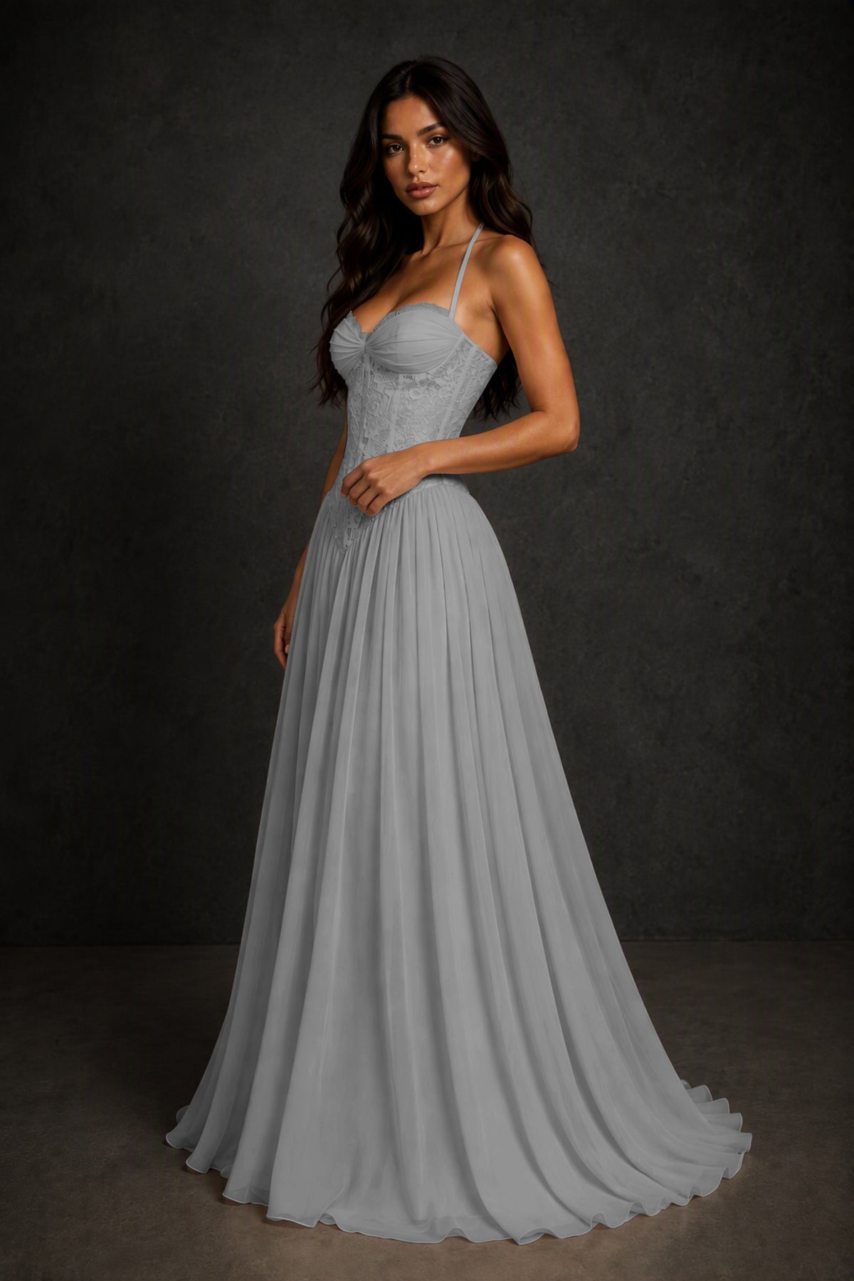 BOLODOO Silver Lace Corset Halter Maxi Gown – Backless A-Line Formal Dress - Silver
