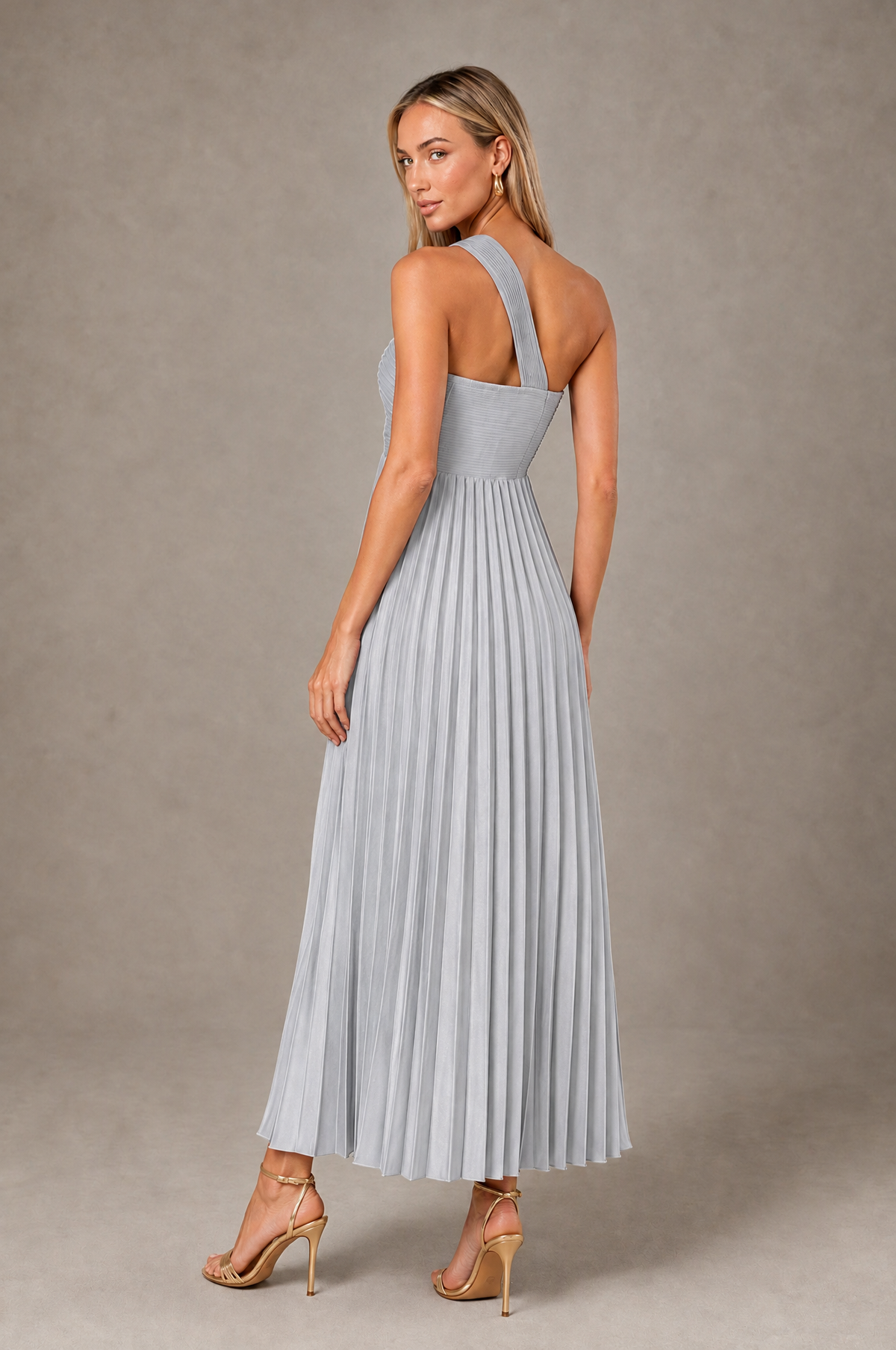 BOLODOO Silver One-Shoulder Twist Knot Pleated Satin Midi Dress with Cutout - Silver - Silver_2