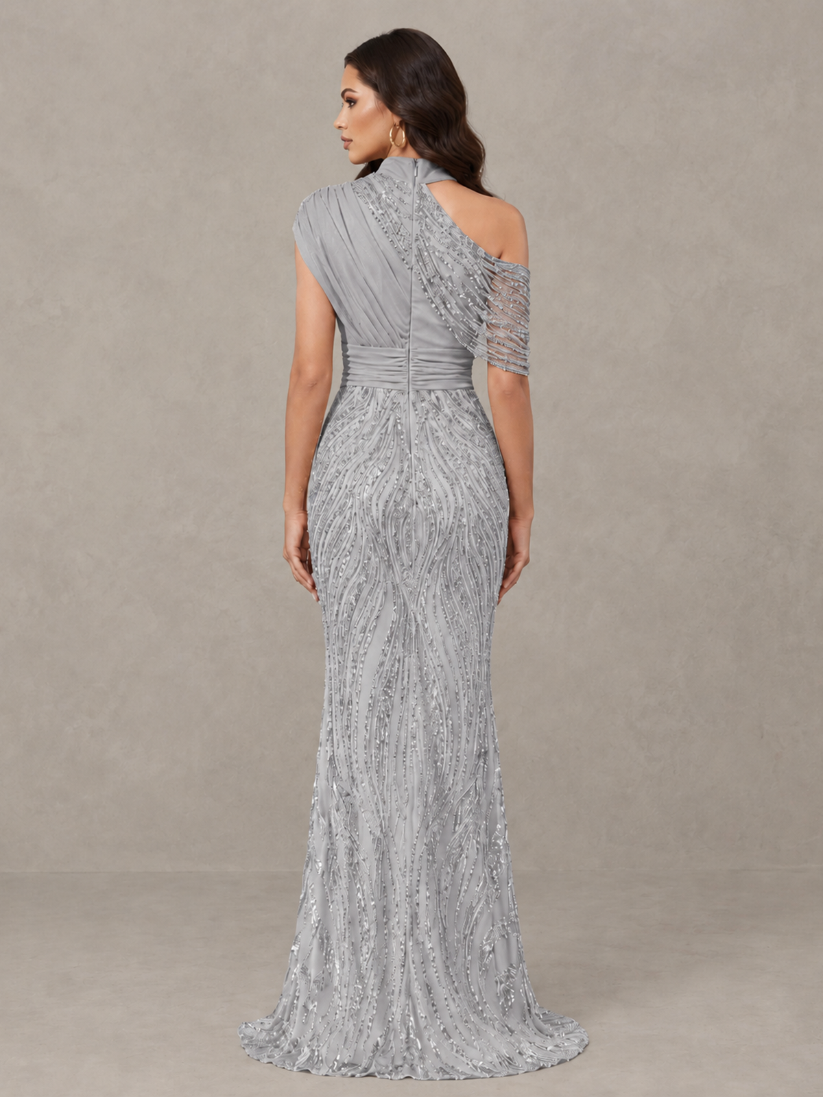 BOLODOO Silver High Neck Draped Sequin Mermaid Evening Gown - Silver - Silver_2