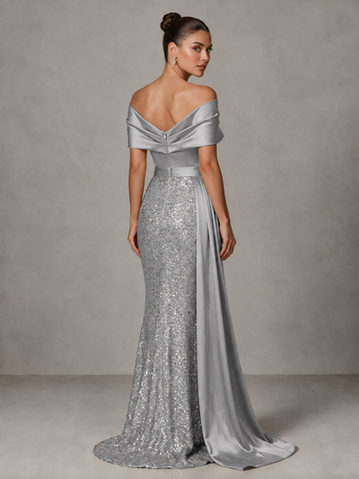 BOLODOO Silver Sequin Mermaid Evening Dress with Off-Shoulder Satin Drape and Sweep Train - Silver - Silver_2