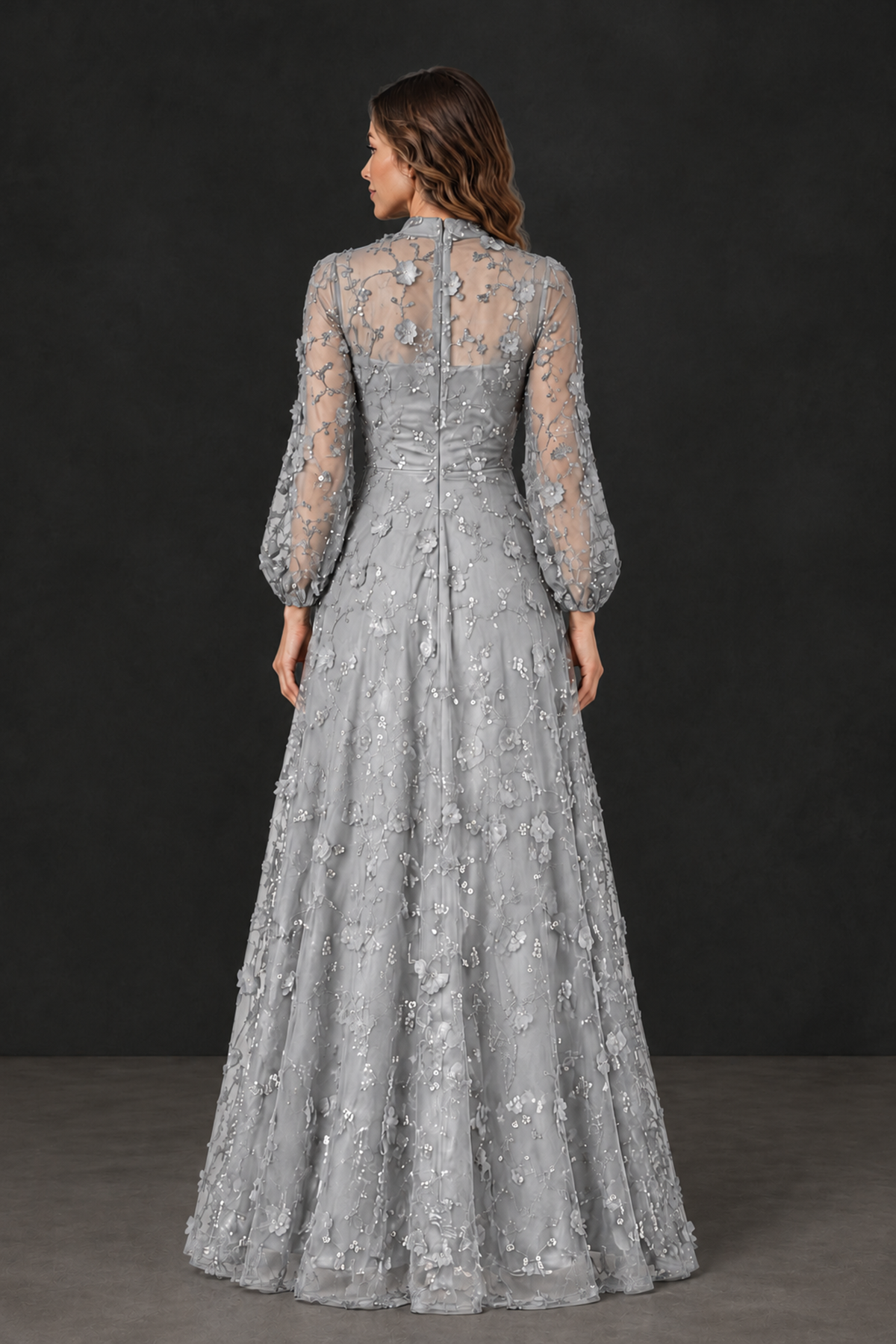BOLODOO Silver Long Sleeve Floral Mother of the Bride Dress - Silver - Silver_2