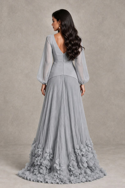 BOLODOO Silver V-Neck Long Sleeve Pleated Floral Hem Evening Dress - Silver - Silver_2