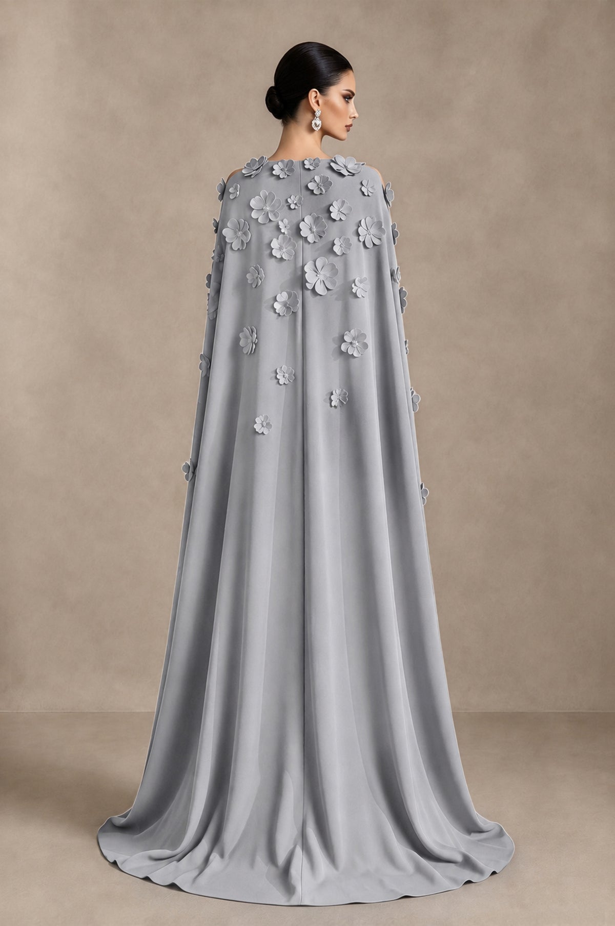 BOLODOO Silver 3D Floral Applique Cape Formal Dress - Silver - Silver_2