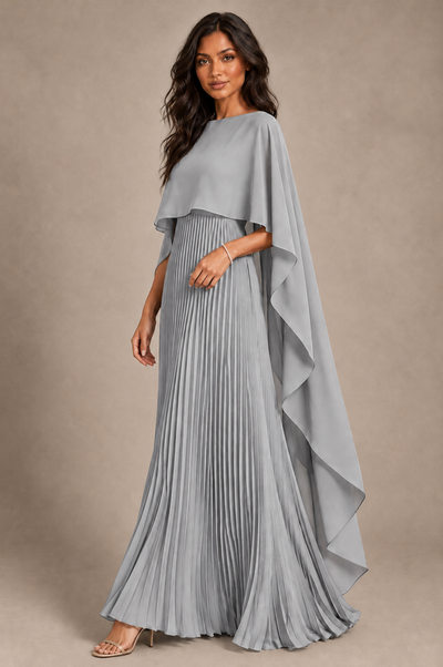 BOLODOO Silver Pleated Cape A-Line Evening Dress - Silver - Silver_2